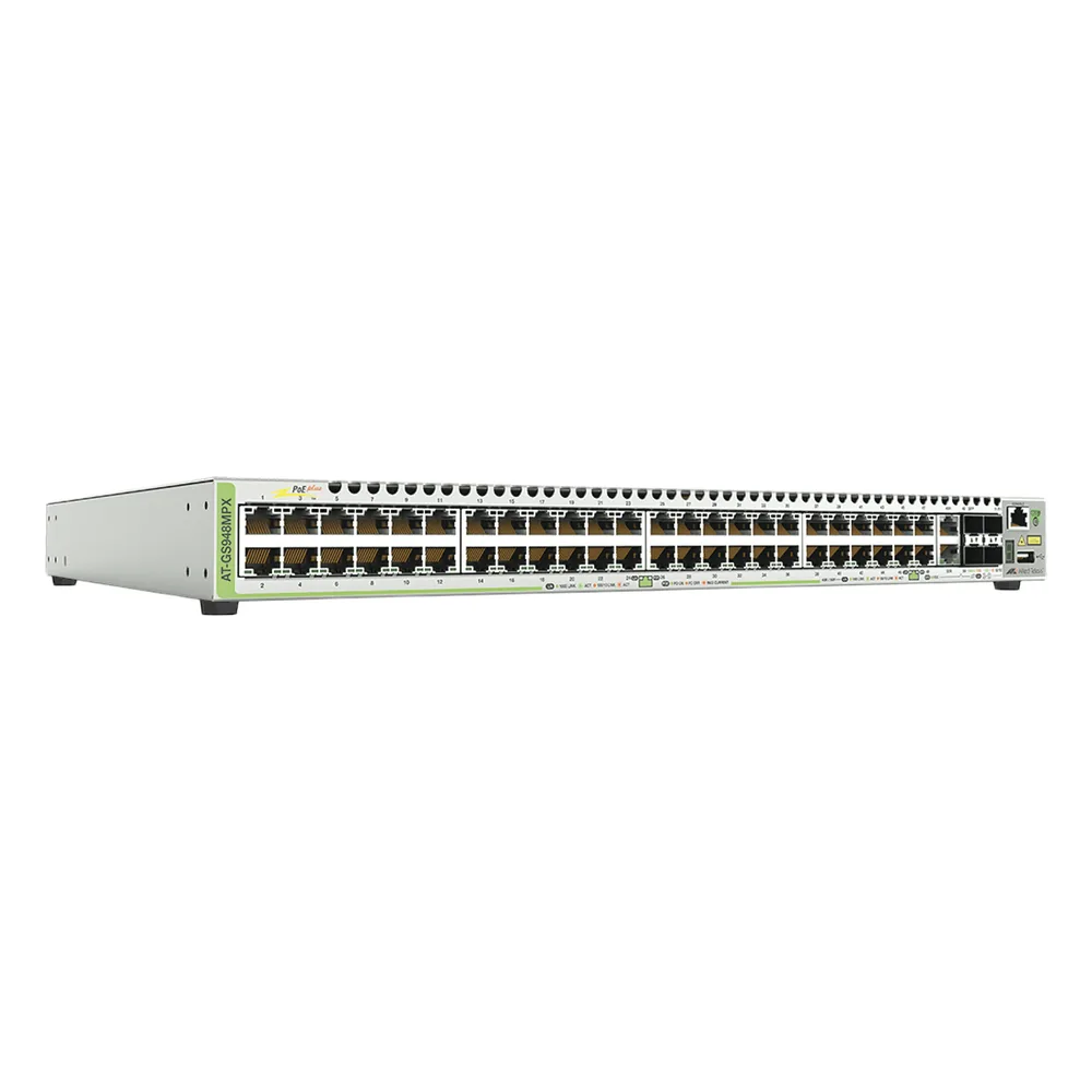 Switch PoE+ Stackeable Capa 3, 48 puertos 10/100/1000 Mbps + 2 puertos SFP Combo + 2 puertos SFP+ 10 G Stacking, 370 W