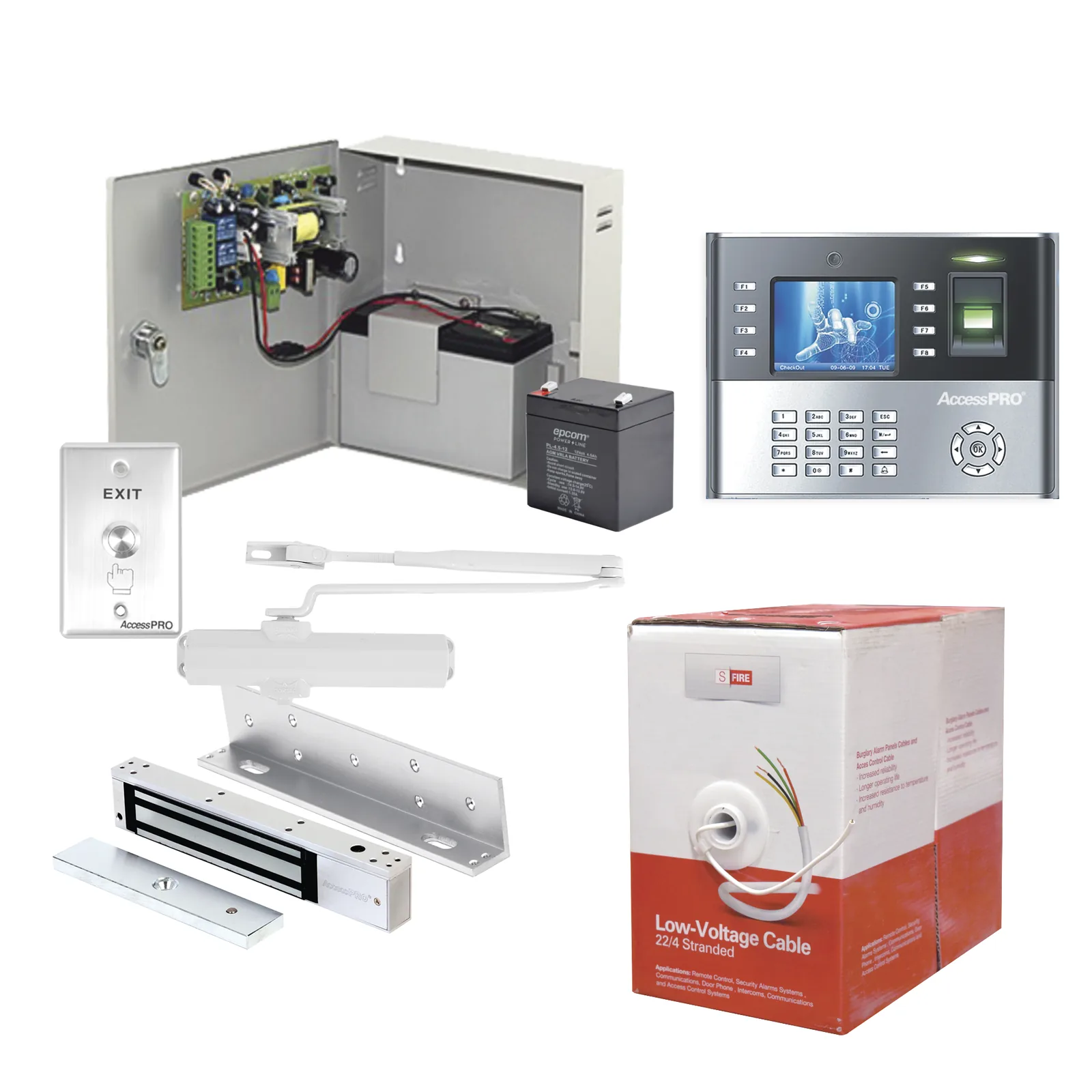 Sistema Completo de Acceso, Incluye Lector Biometrico ICLOCK990, Chapa magnética con bracket, Cierra puerta, Botón de Salida, Cable " Gratis ", y fuente profesional con Batería