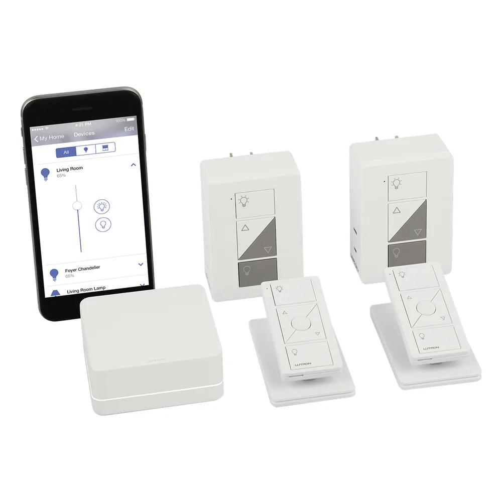 Kit de inicio Caseta Wireless: Smart Bridge, 2 atenuadores de clavija para lámparas, 2 controles Pico y 2 bases de mesa, compatible con Alexa, Apple HomeKit y Google