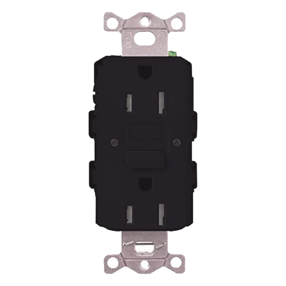 Tomacorriente GFCI autocomprobante de 15 A y 125 V, resistente a manipulaciones, con indicadores LED de estado y falla, color negro
