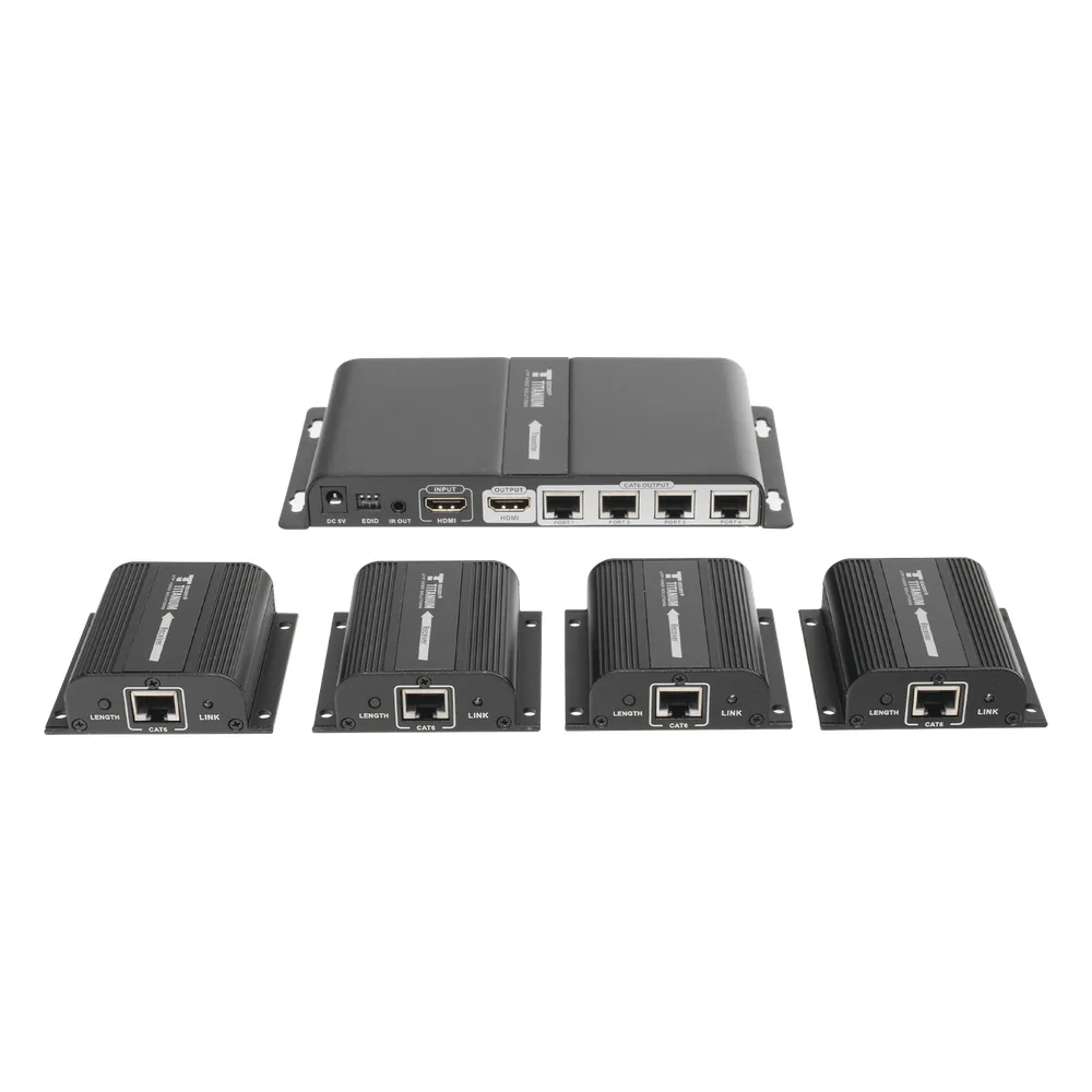 Kit Divisor y Extensor HDMI (Extender Splitter) / Divide 1 Fuente HDMI a 4 Pantallas / Extiende la señal HDMI hasta 40 m / Resolución 1080P @ 60 Hz / Cat 6/6a/7 / Cero Latencia / Salida Loop en el Tx / IR / Alimente solo el Tx (PoC).