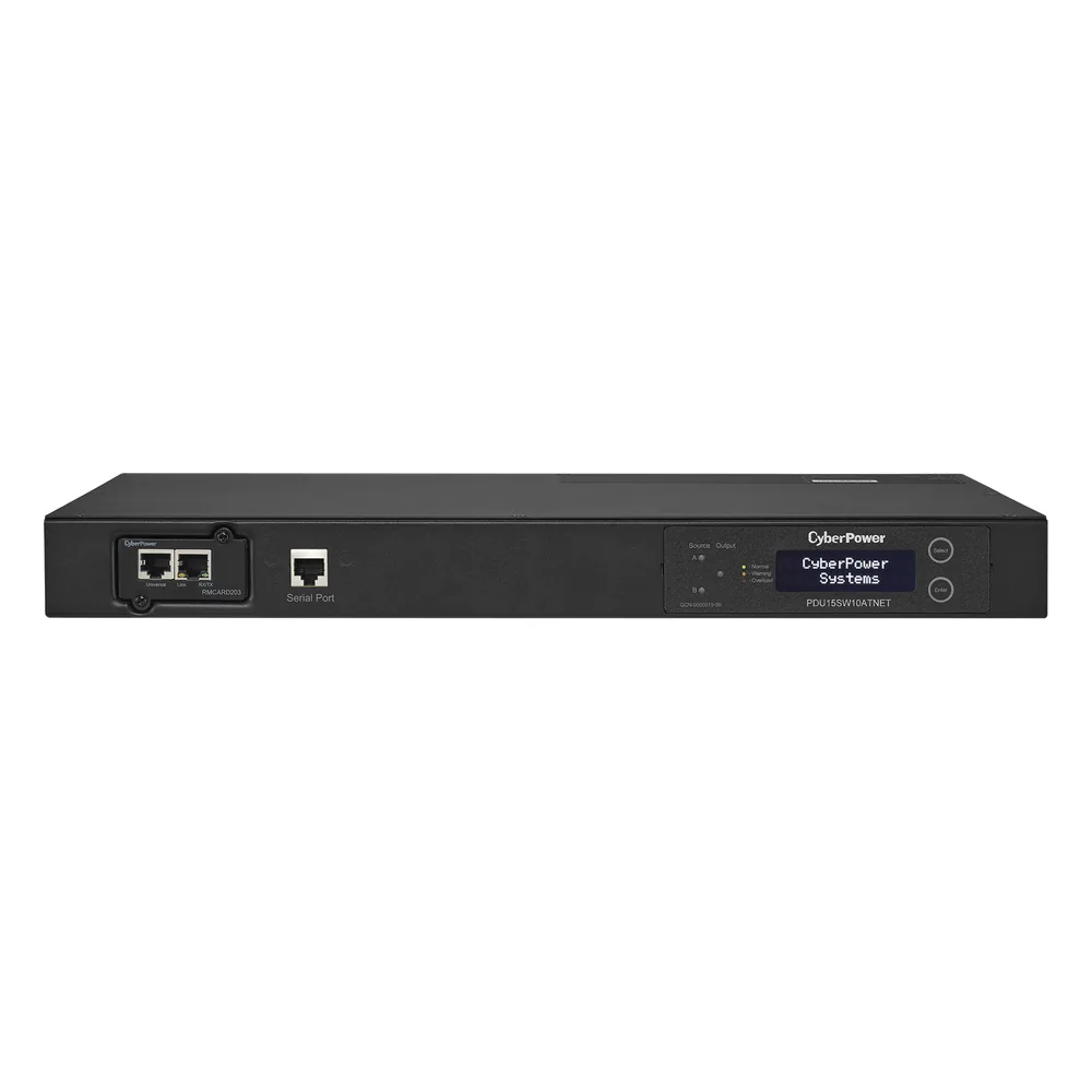 PDU ATS (Fuente Redundante Auto-transferible) Monitoreable, Para Distribución de Energía, 2 Entradas 120 Vca NEMA5-15P, Con 10 Salidas NEMA 5-15R, Horizontal 19in, 1UR