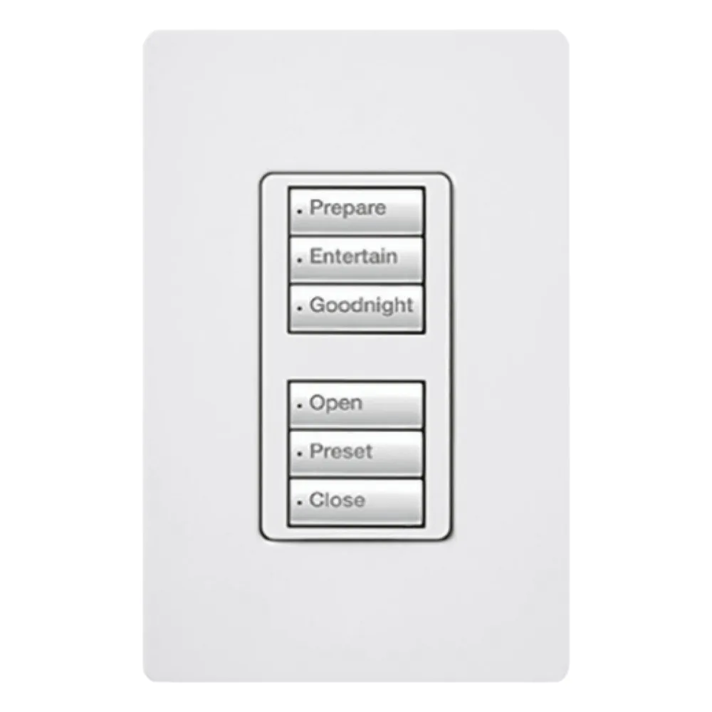 Botonera de pared con dos grupos de 3 botones retroiluminados para controlar luces, cortinas y escenas en el sistema RadioRA 2, requiere neutro, color blanco