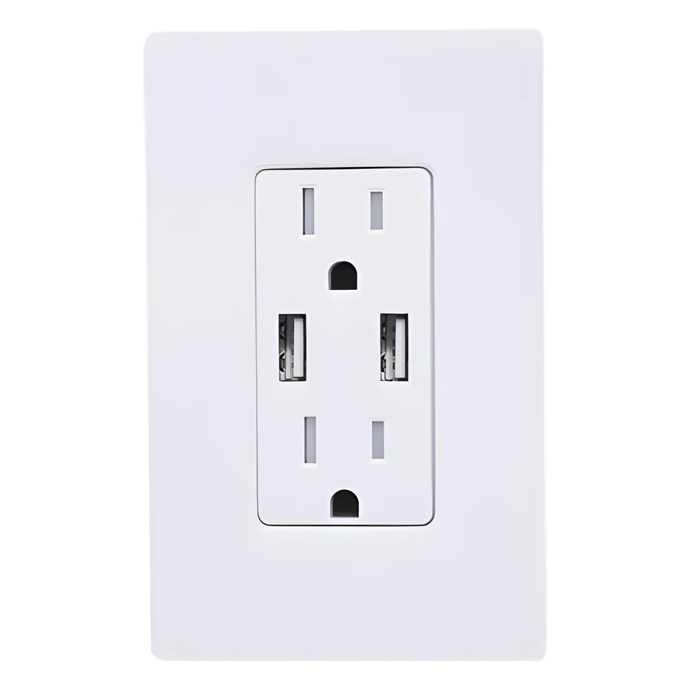 Tomacorriente USB de 15 A a prueba de manipulación con dos puertos USB tipo A y placa de vidrio blanco incluida, línea New Architectural, combinable con Palladiom y GRAFIK T