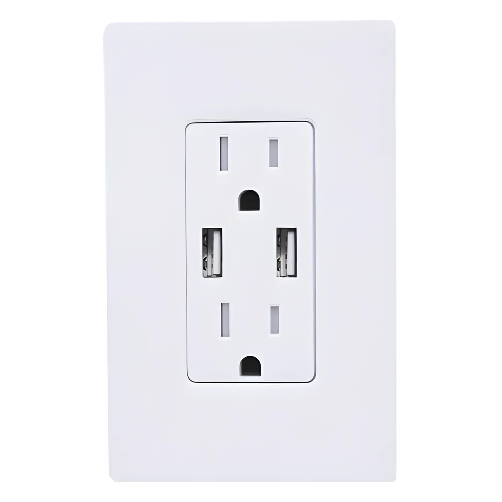 Tomacorriente dúplex 15 A 125 V con dos puertos USB tipo A de 3.8 A combinados, resistente a manipulaciones, estilo Designer Claro en color blanco