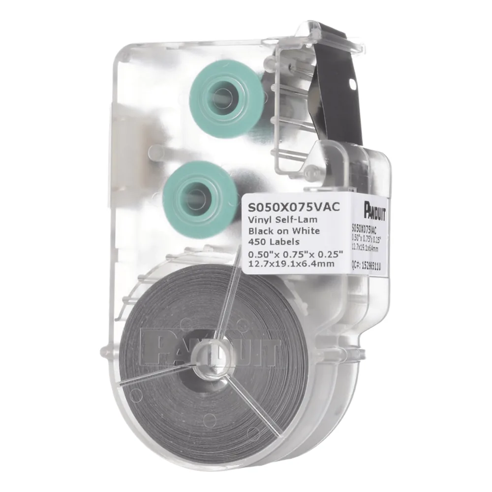 Casete de 450 Etiquetas Autolaminadas de 12.7 x 19.1 mm (0.5 x 0.75 pulgadas), para Cables de 2 a 4 mm (0.08 a 0.16 pulgadas) de Diámetro, Área de Impresión Color Blanco