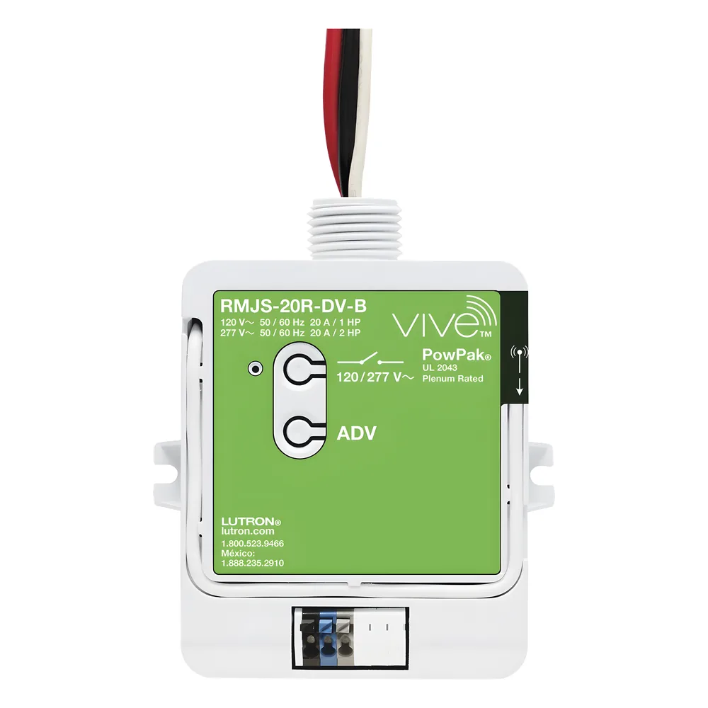 Módulo de relevador inalámbrico PowPak de 20 A para control de contactos, 120/277 V, con Softswitch, compatible con controles Pico y sensores Radio Powr Savr del sistema Vive