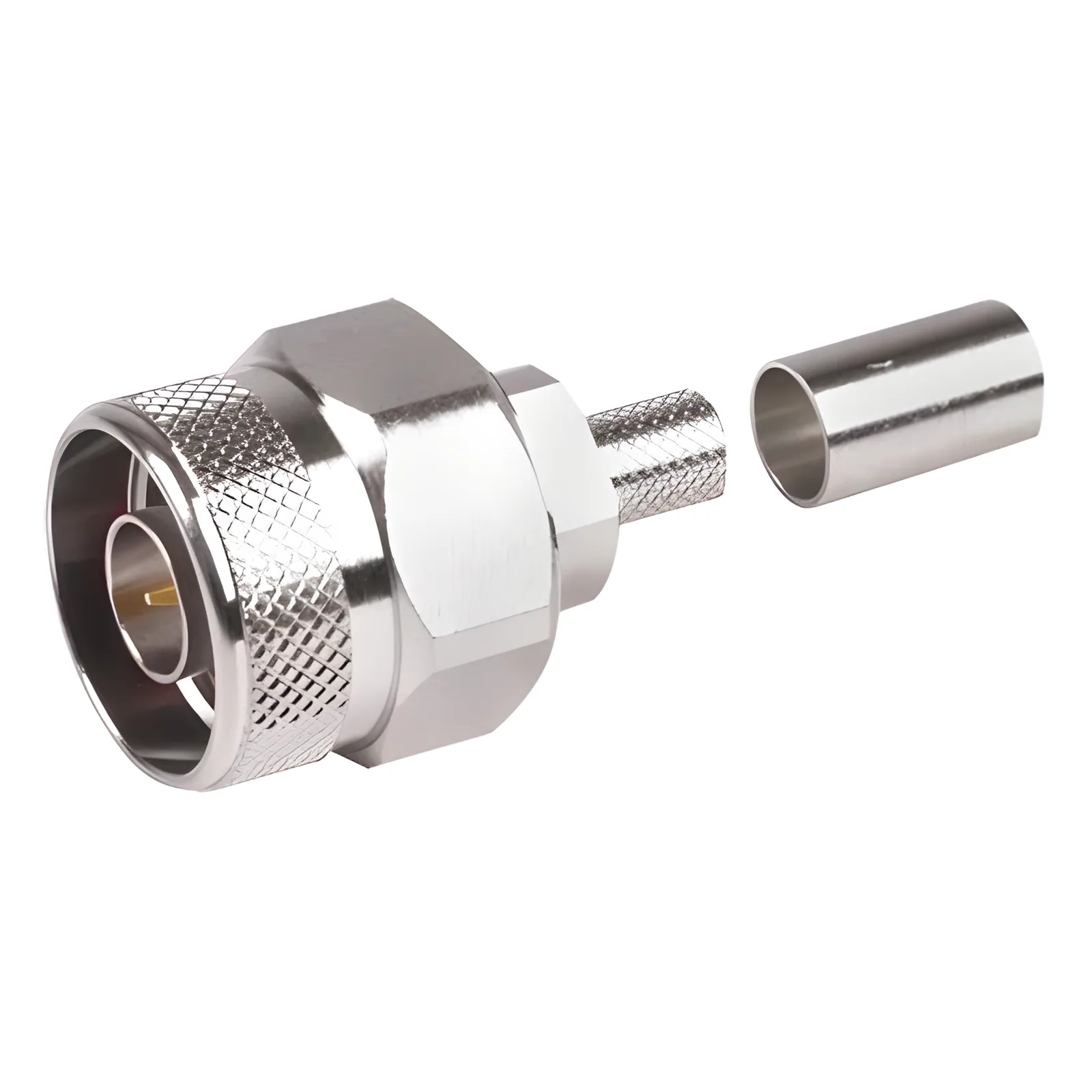 Conector N Macho Hex, de Anillo Plegable y Pin Cautivo para cables RG-8/X, LMR-240, Ni/Au/Teflón.