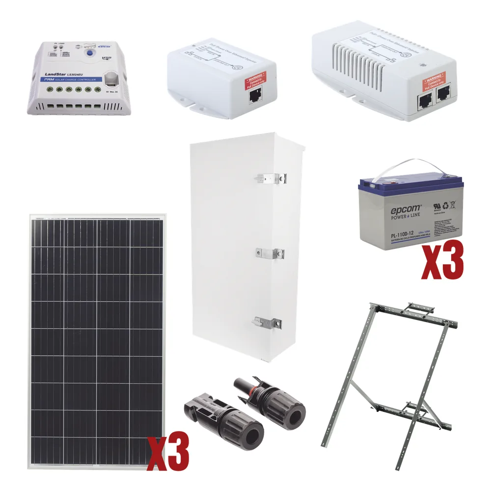 Kit Solar de 35 W con PoE 802.3af y PoE Pasivo 24 Vcc para una Cámara IP y un Radio Ubiquiti airMAX o Cambium ePMP.
