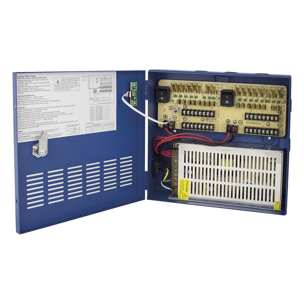 Fuente de poder profesional HEAVY DUTY de 11 - 15 Vcc @ 20 Amper, para 16 cámaras, con voltaje de entrada de: 110-220 Vca