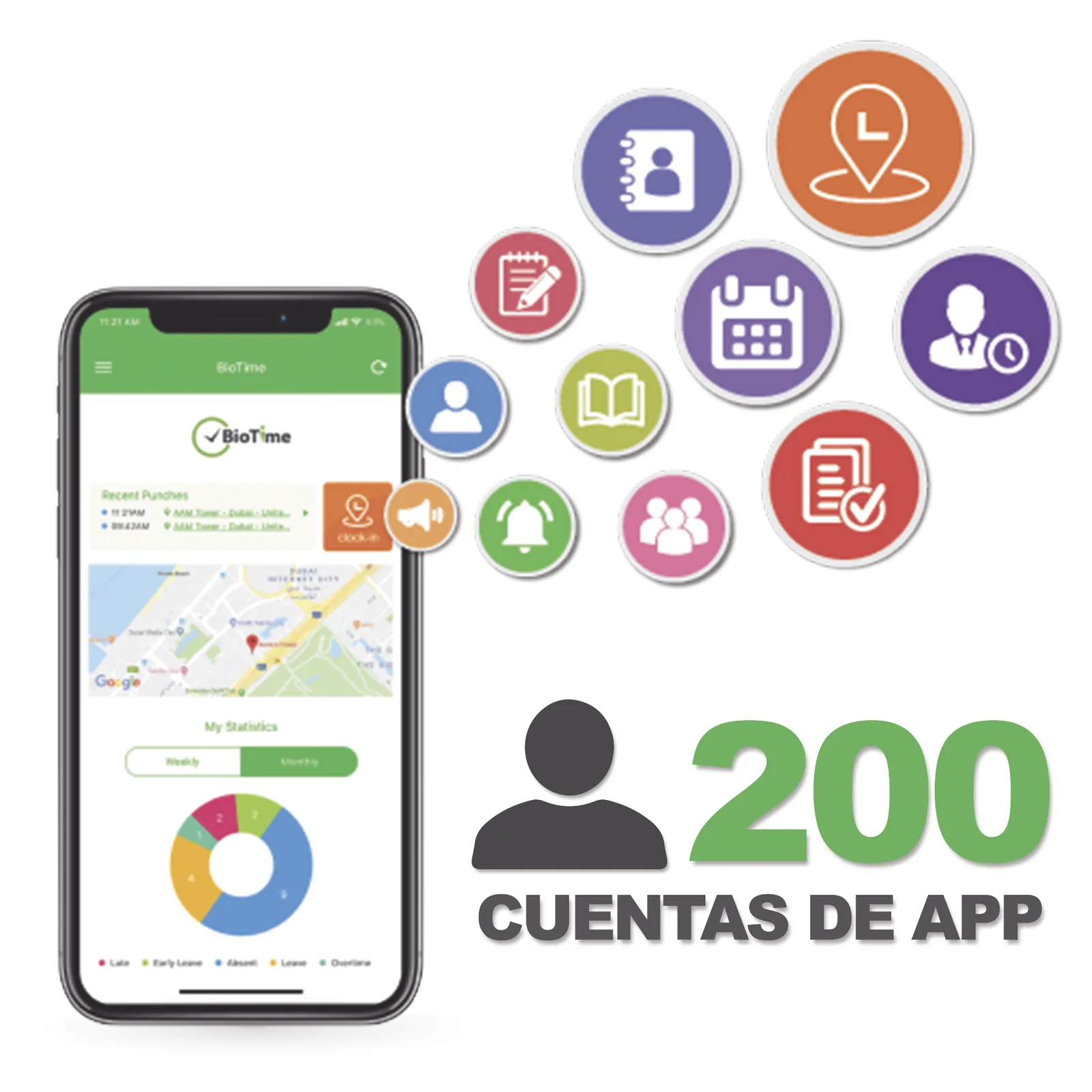 Licencia para realizar checadas de asistencia desde Smartphone (APP) con envío de fotografía y ubicación por GPS / Compatible con BIOTIMEPRO / Licencia para 200 usuario
