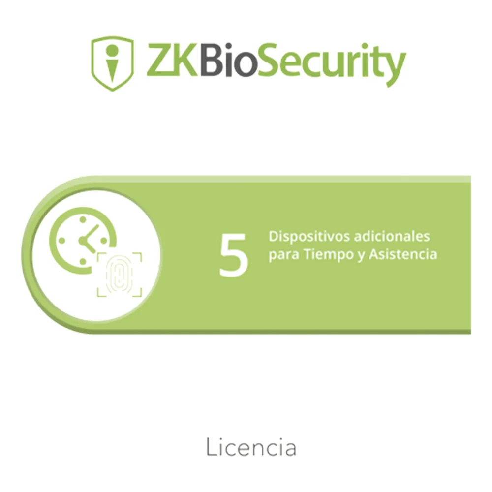 Licencia para ZKBiosecurity permite gestionar hasta 5 dispositivos para tiempo y asistencia
