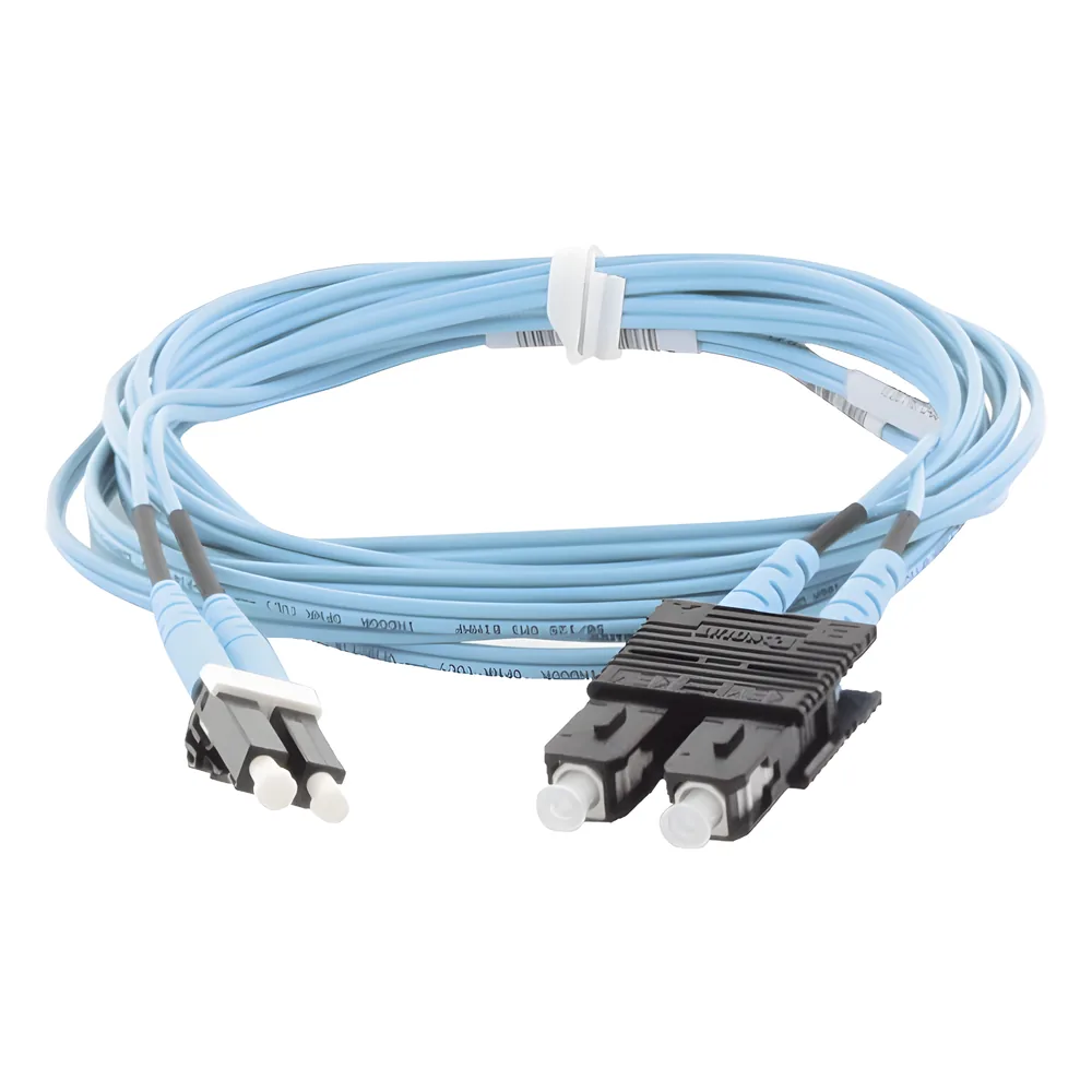 Jumper de Fibra Optica Multimodo 50/125 OM3, LC-SC Duplex, OFNR (Riser), Color Aqua, 10 Metros (32.81 Pies)
