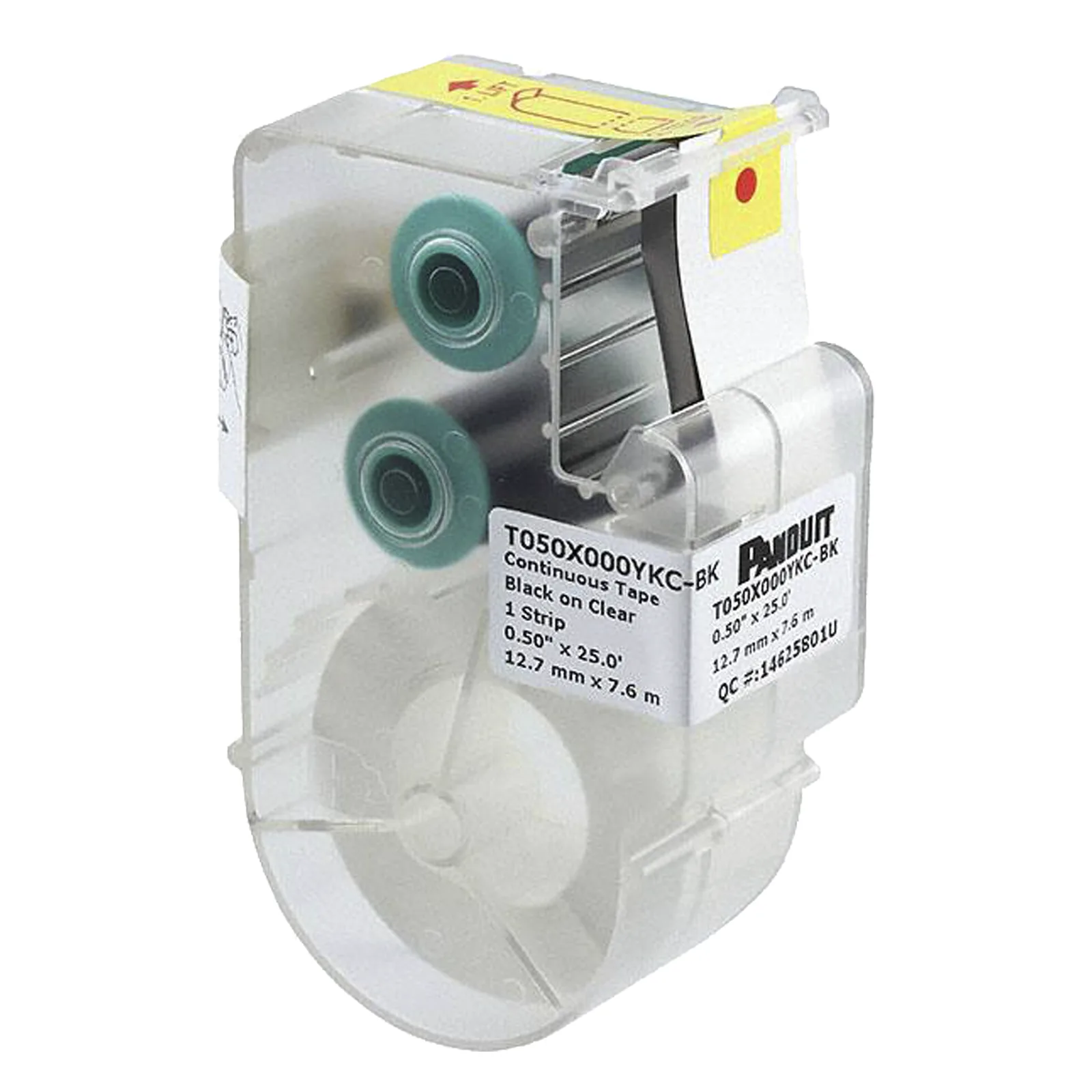 Casete de Etiquetas de Poliéster de Cinta Continua, Color Negro sobre Transparente, Uso Interior/Exterior Resistente a Rayos UV, 12.7 mm de Ancho x 7.6 metros de Largo