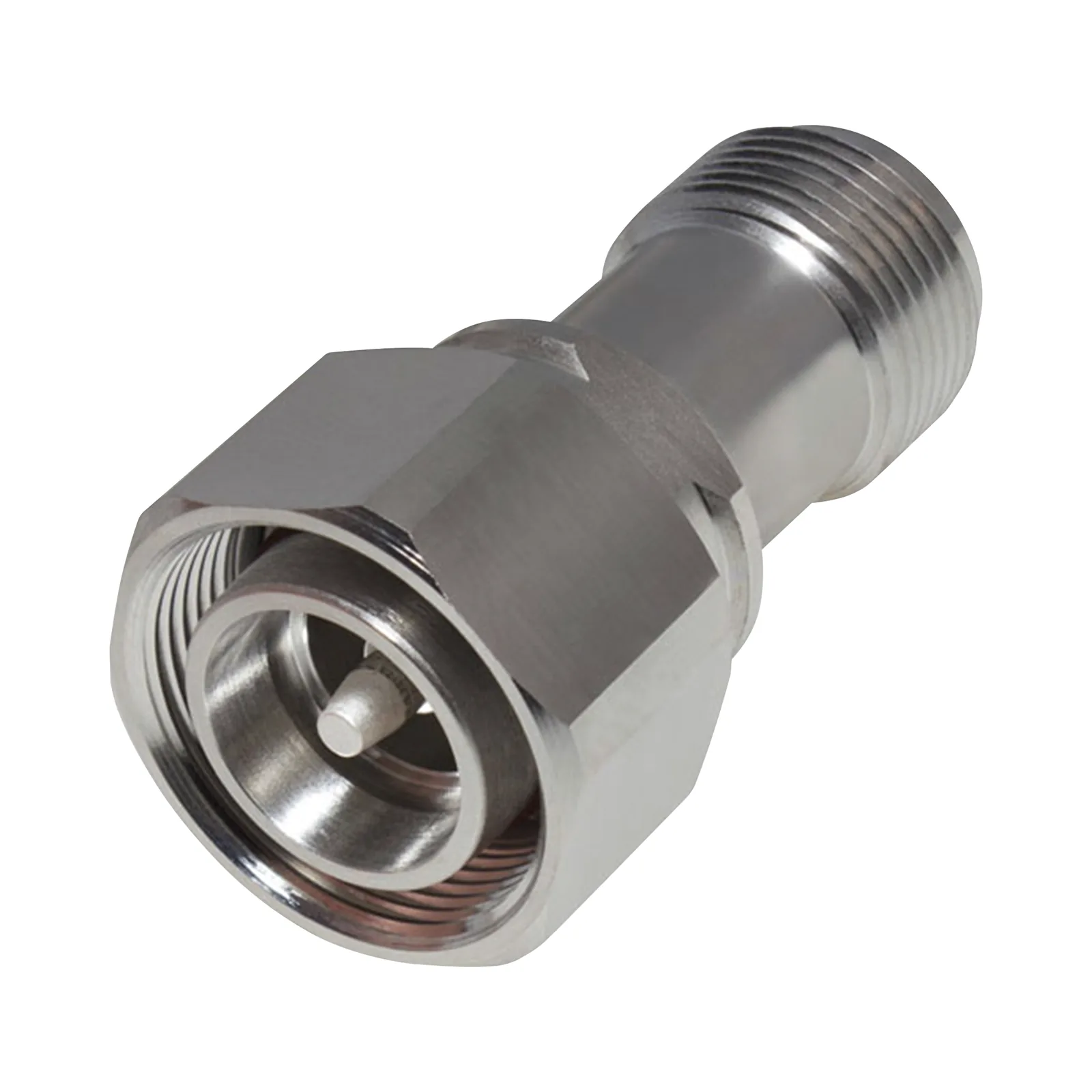 Adaptador en Línea de Conector 4.3-10 Macho a N Hembra, Bronce Blanco/ Plata/ Teflón.