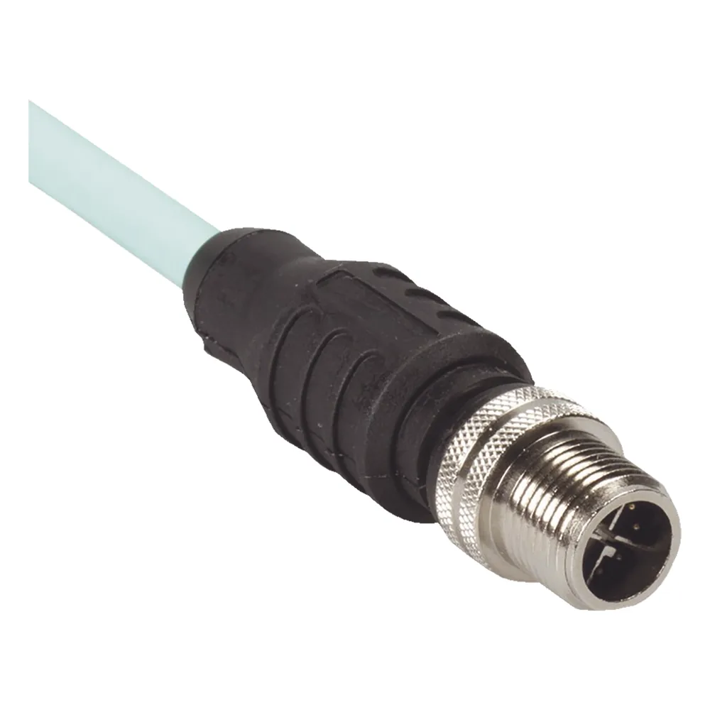 Cable de Conexión IndustrialNet Cat6A, Con Conector Recto M12 X-Code Macho en Ambos Extremos, Blindado SF/UTP, Forro TPO, Color Azul Cerceta, 1 Metro