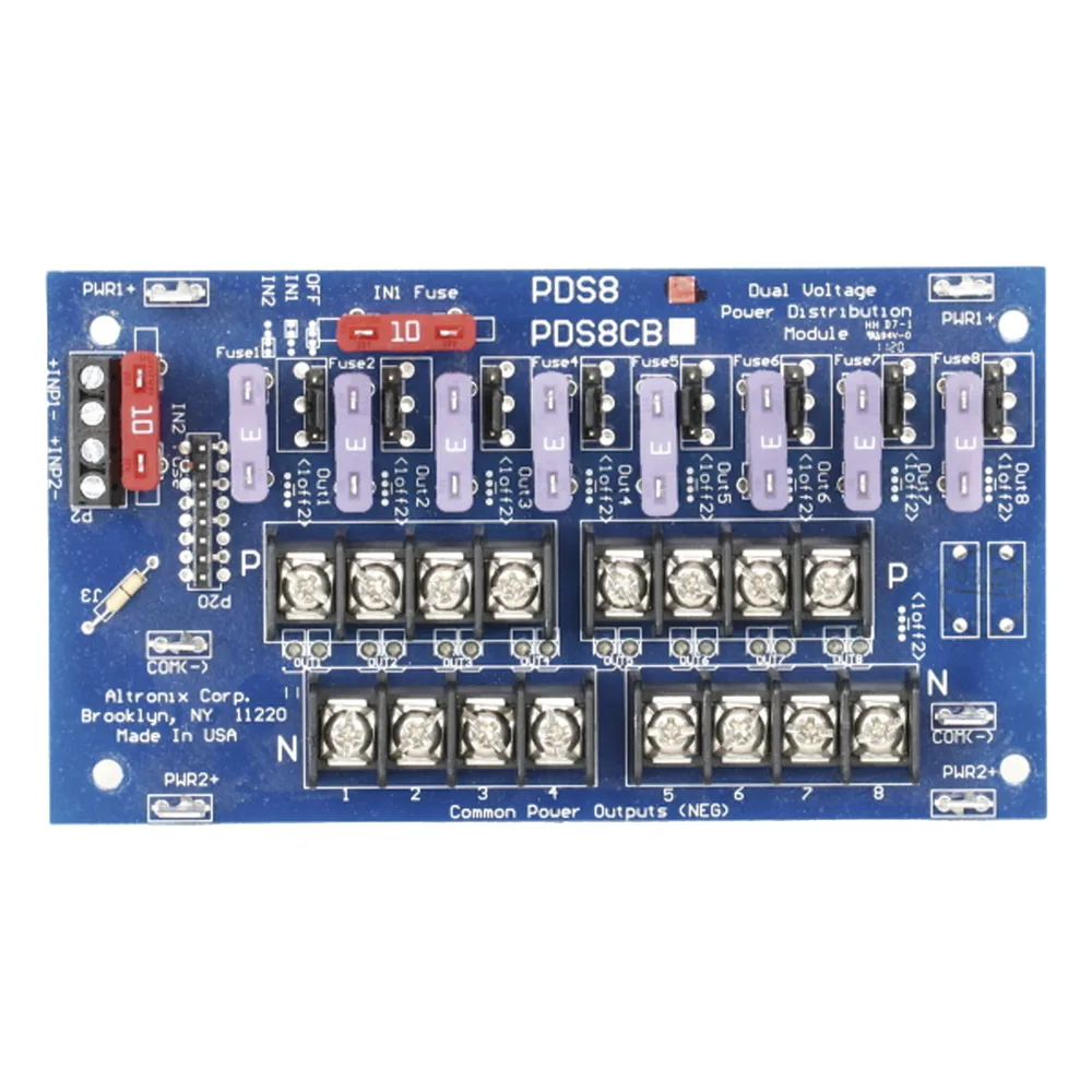 Módulo Distribuidor de Energía / 8 Salidas / Entrada Dual 5-24VDC @10A o 16-28VAC @14A / Salidas Seleccionables / Apagado Individual por Servicio