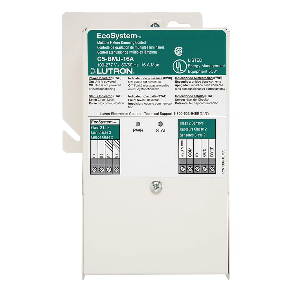 Módulo de atenuación EcoSystem de 16 A para balastros Lutron de 3 hilos Eco-10 y Hi-lume, entrada universal de 100 a 277 V, con soporte para sensores y control personal