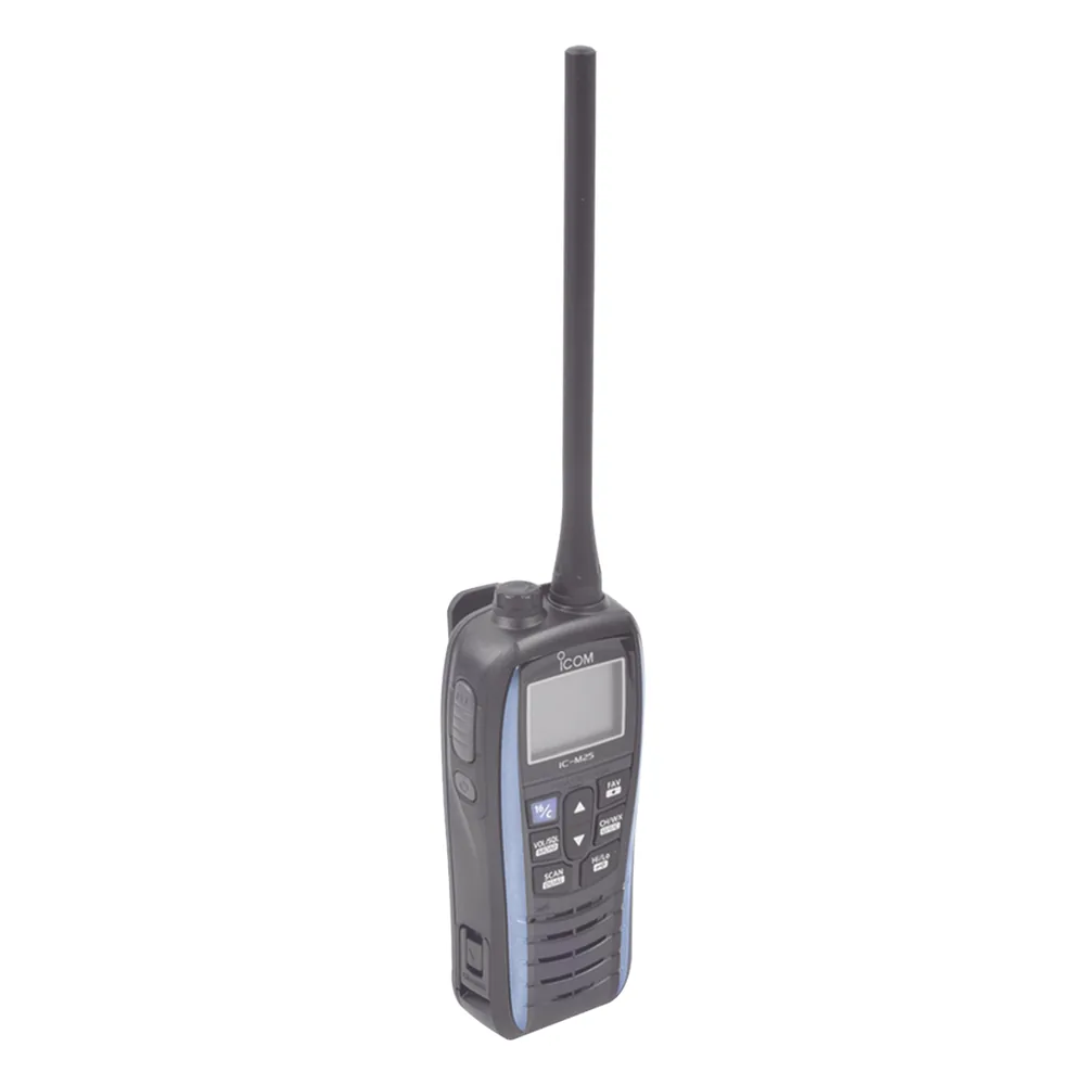 Radio portátil marino color azul metálico, 5 W de potencia RF, 0.5 W de salida de audio, flotante, sumergible IPX7, Tx: 156.025-157.425MHz, Rx: 156.050-163.275MHz , incluye batería de 1500mAh, cargador, antena clip y correa de mano