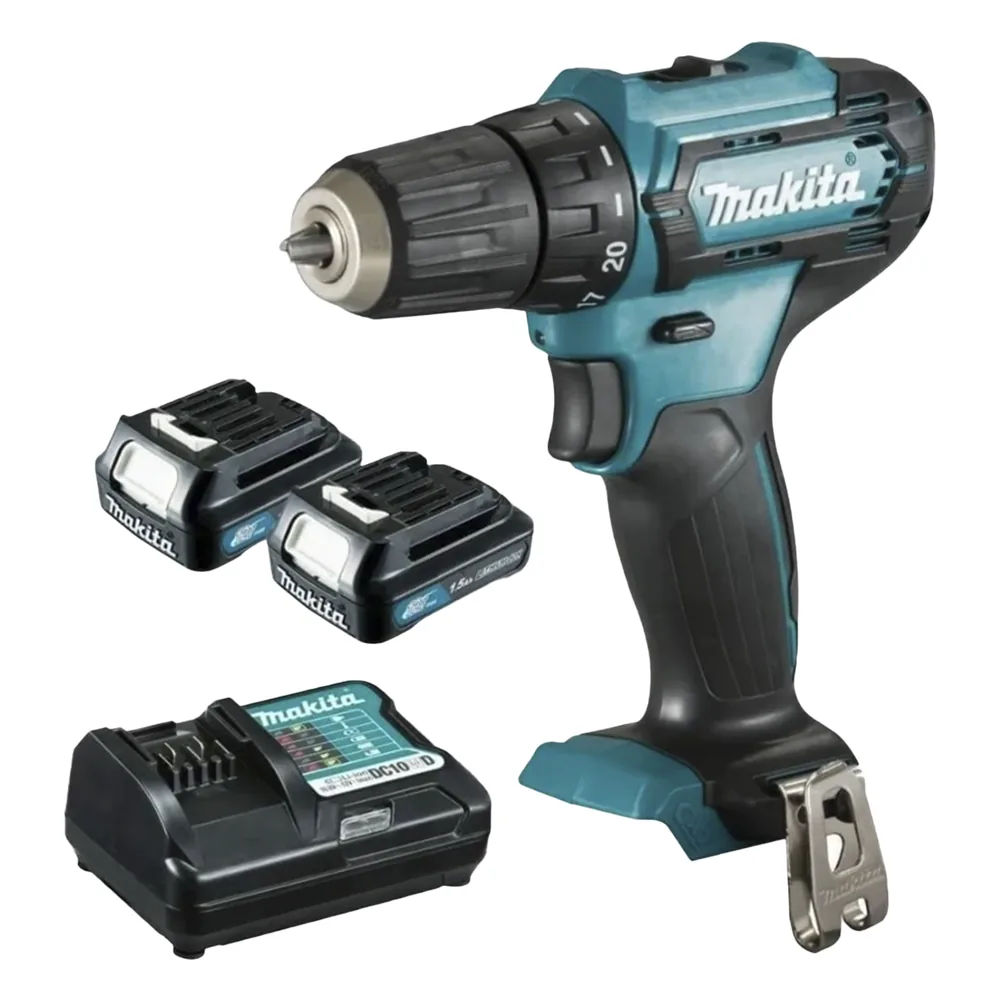Atornillador broquero cambio rápido 3/8”. 2 baterías 12v de 1.5 amperes y cargador.