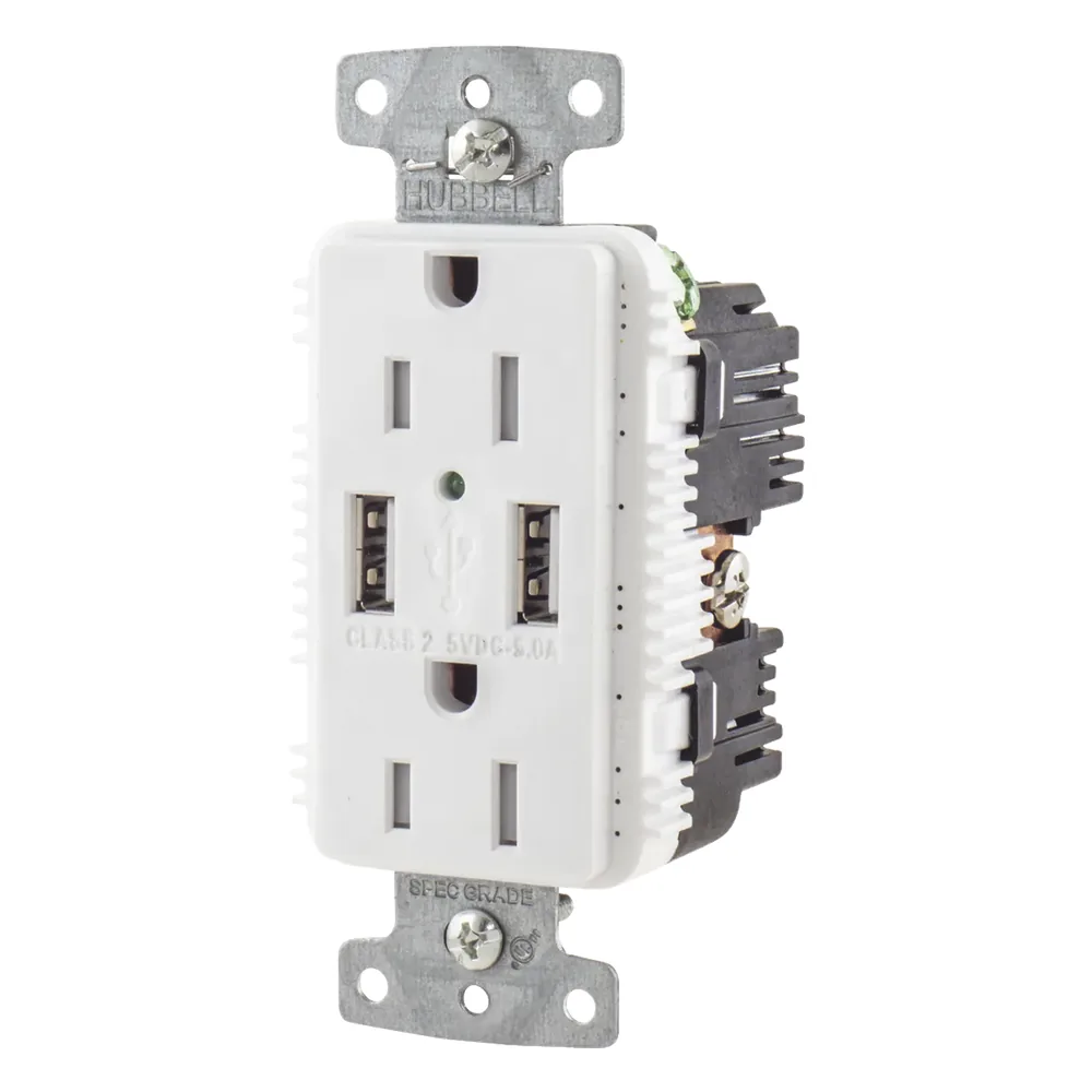 Contacto Dúplex con 2 Puertos USB, 15A 125V, 2 Polos, 3 Hilos, Color Blanco.