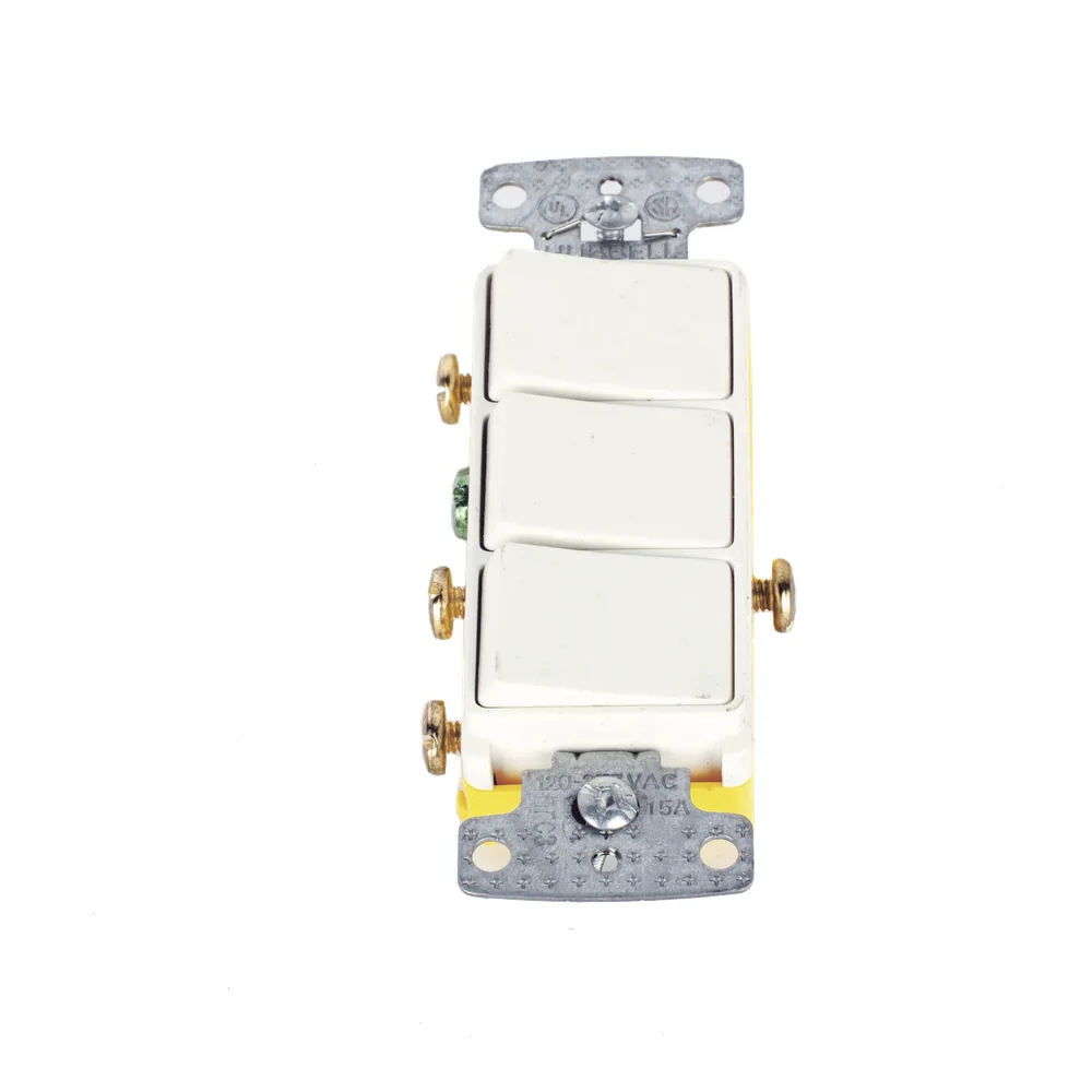 Interruptor Residencial 15 A 120 V, con 3 Bases Unipolares, Cableado lateral, Color Blanco.
