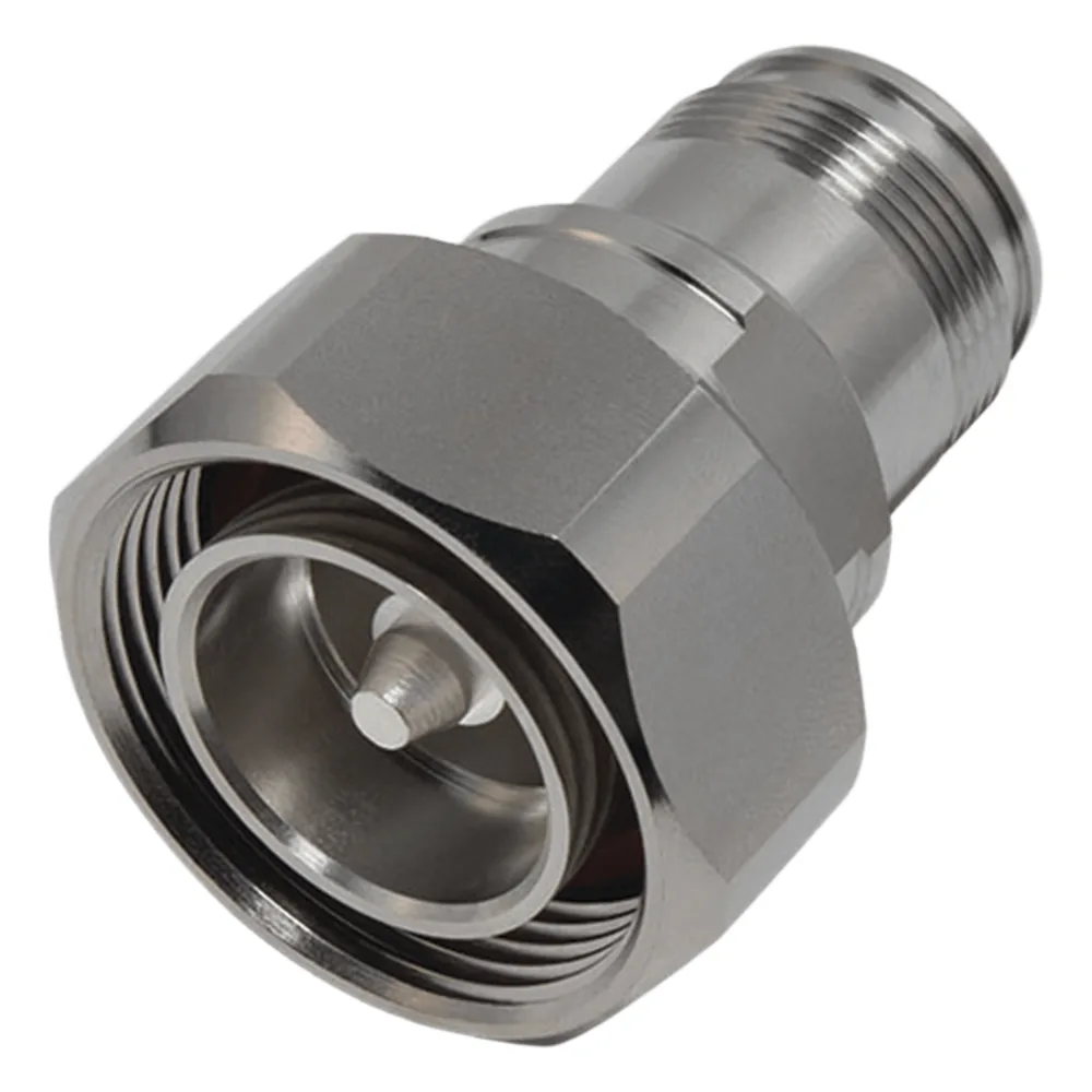 Adaptador en Línea de Conector DIN 7-16 Macho a 4.3-10 Hembra, Bronce Blanco/ Plata/ Teflón.