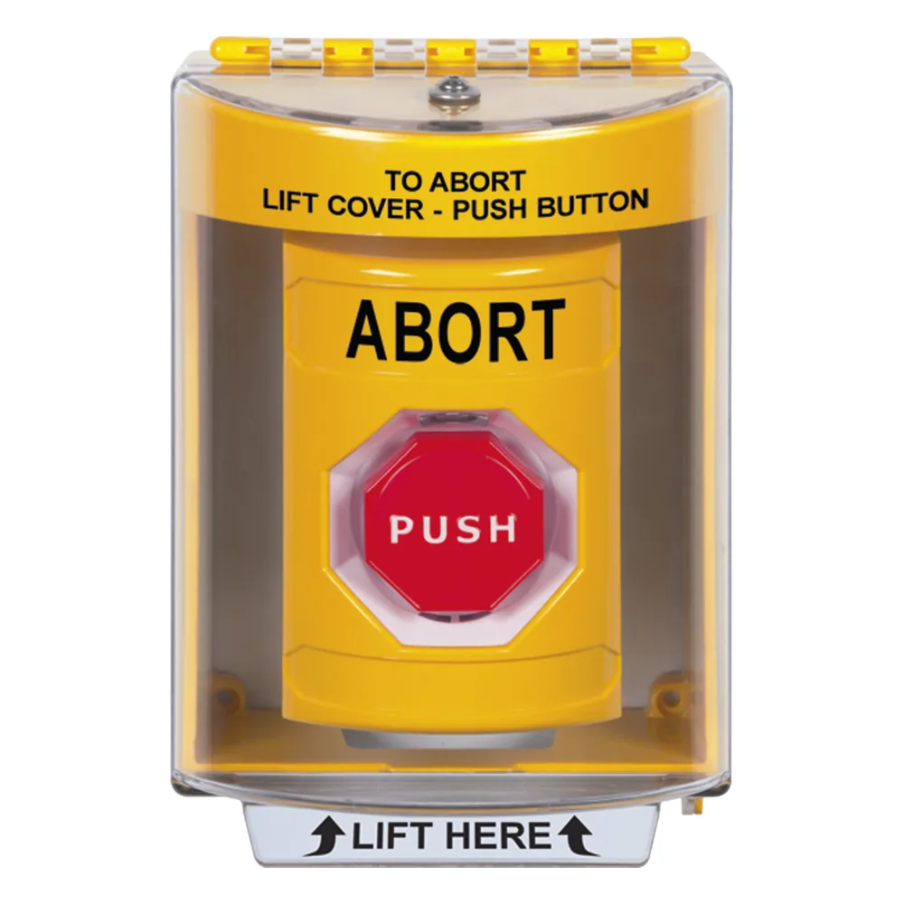 Botón de Abortar, Texto en Ingles, Tapa Protectora de Policarbonato Súper Resistente, Momentaneo