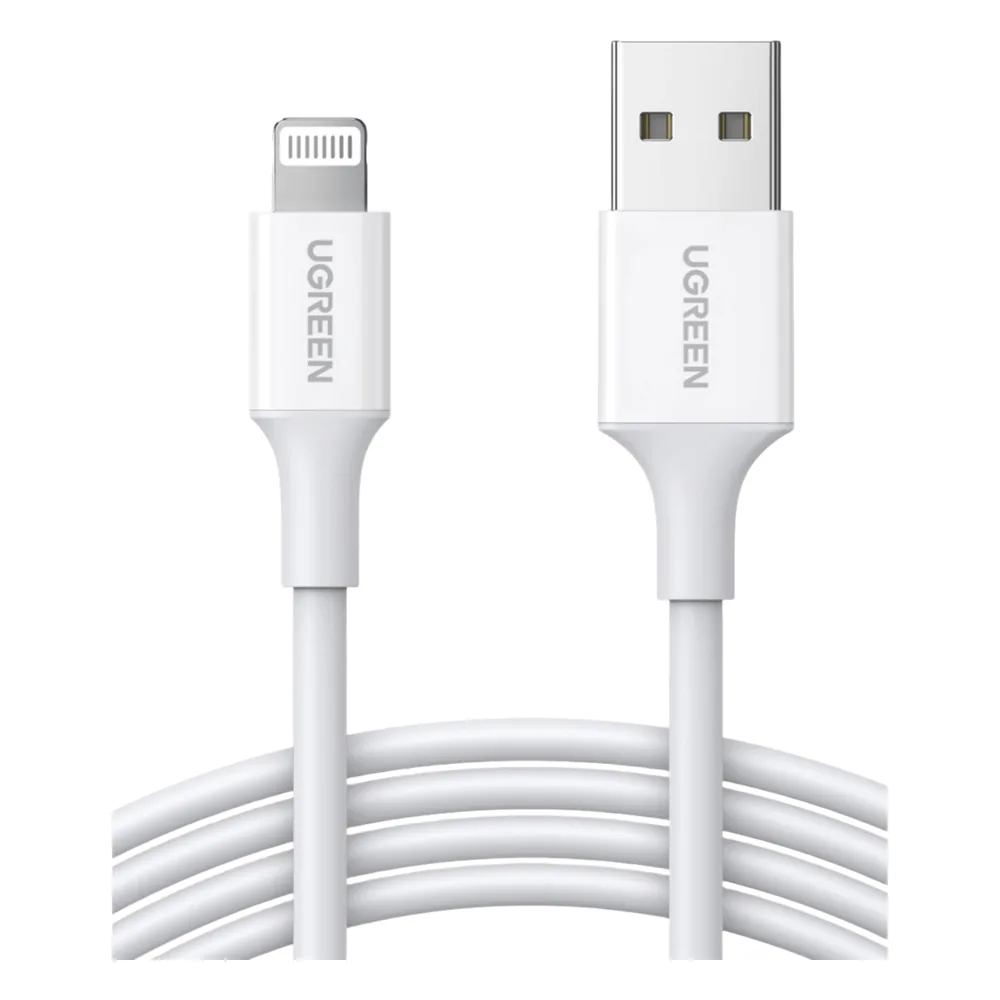 Cable USB-A a Lightning | 1 Metro | Certificado MFi | Carga Rápida 5V/2.4 A| 480 Mbps | PD | Conector C89 | Adecuado para iPhone, iPad y iPod | Protección Integrada | Caja de ABS | Cubierta de TPE | Color Blanco.