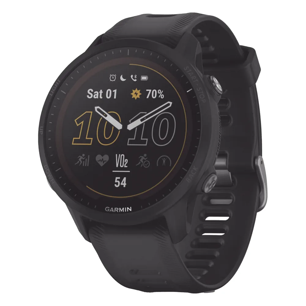 Reloj Garmin Forerunner 955 solar color negro en correa de silicón, con funciones premium de entrenamiento.