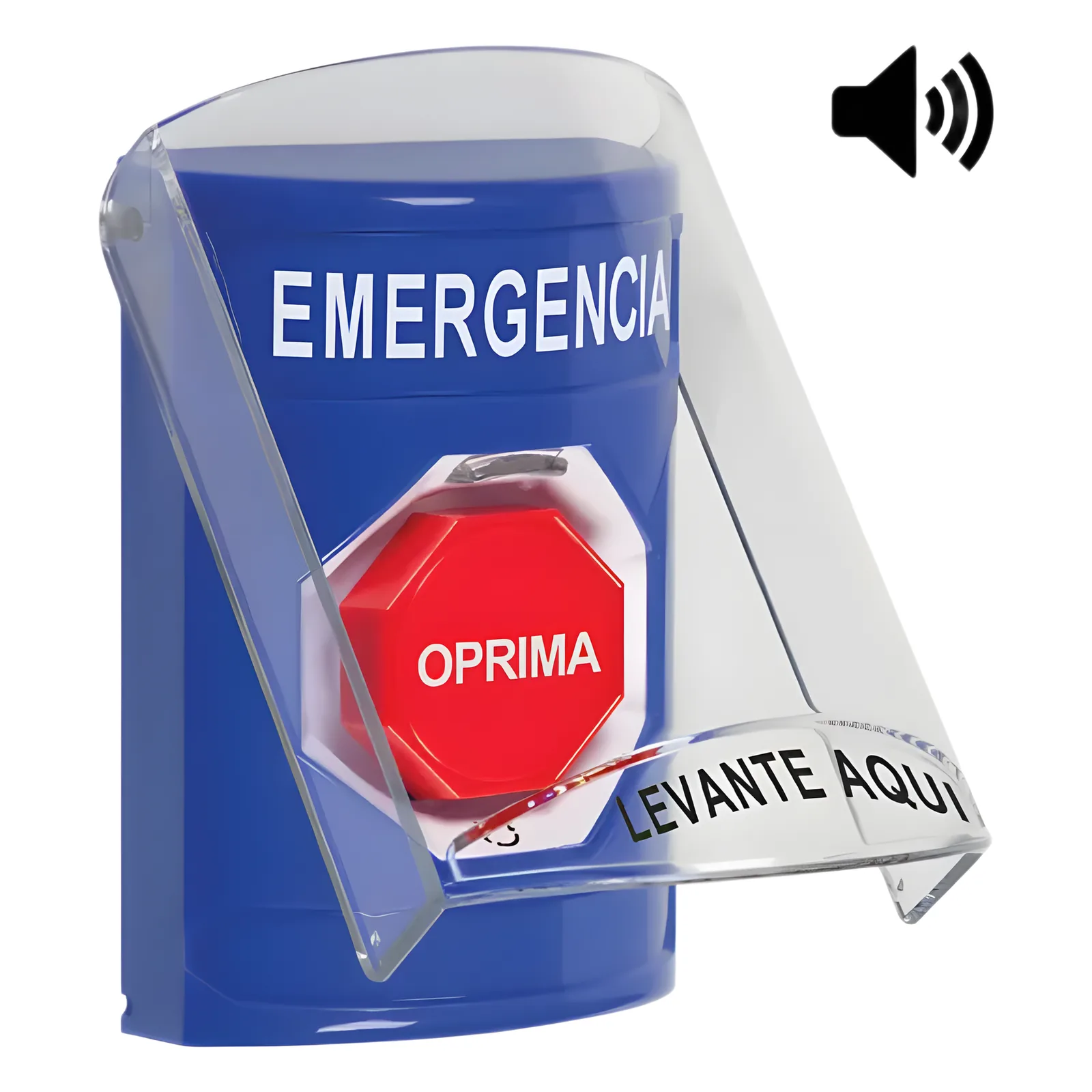 Botón Multipropósito, Color Azul, De Superficie, Con Tapa De Policarbonato, Con Bocina, Para Interior, Girar Para Restablecer, Texto De Emergencia, Español