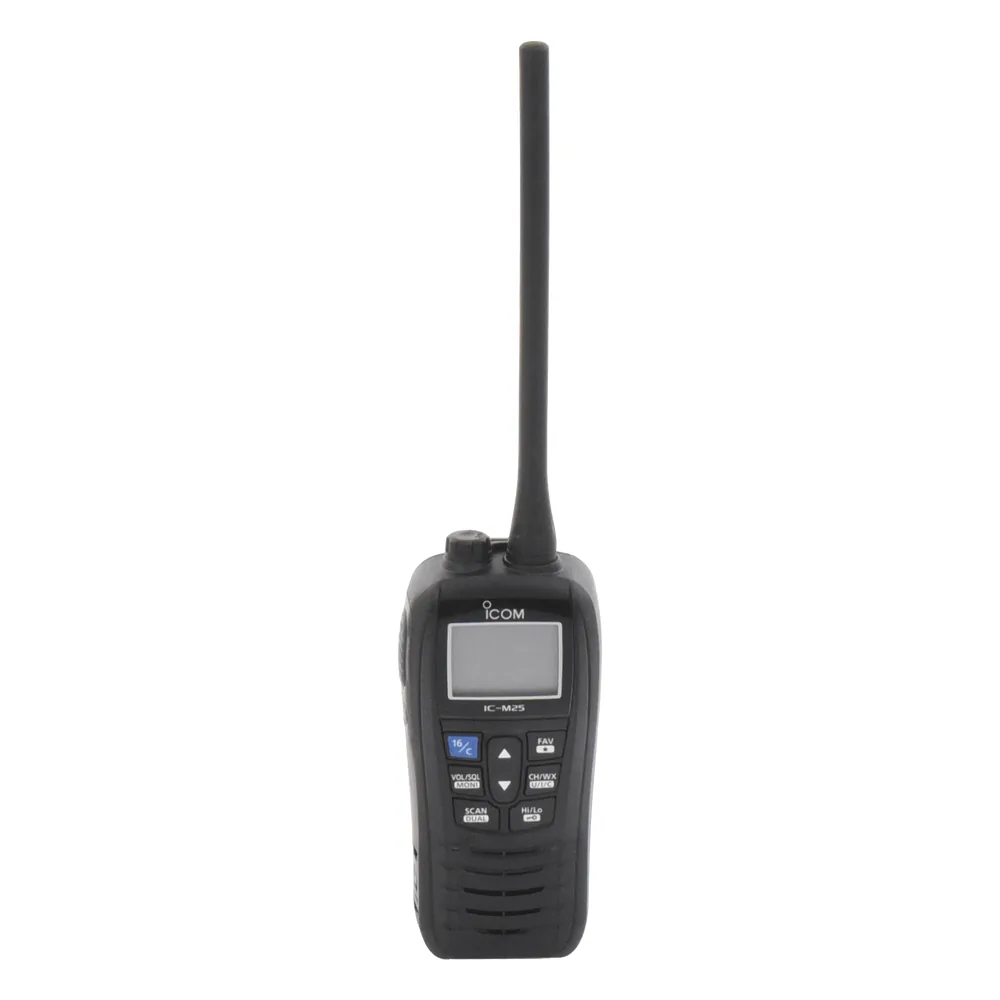 Radio portátil marino color negro, 5 W de potencia RF, 0.5 W de salida de audio, flotante, sumergible IPX7, Tx: 156.025-157.425MHz, Rx: 156.050-163.275MHz , incluye batería de 1500mAh, cargador, antena clip y correa de mano