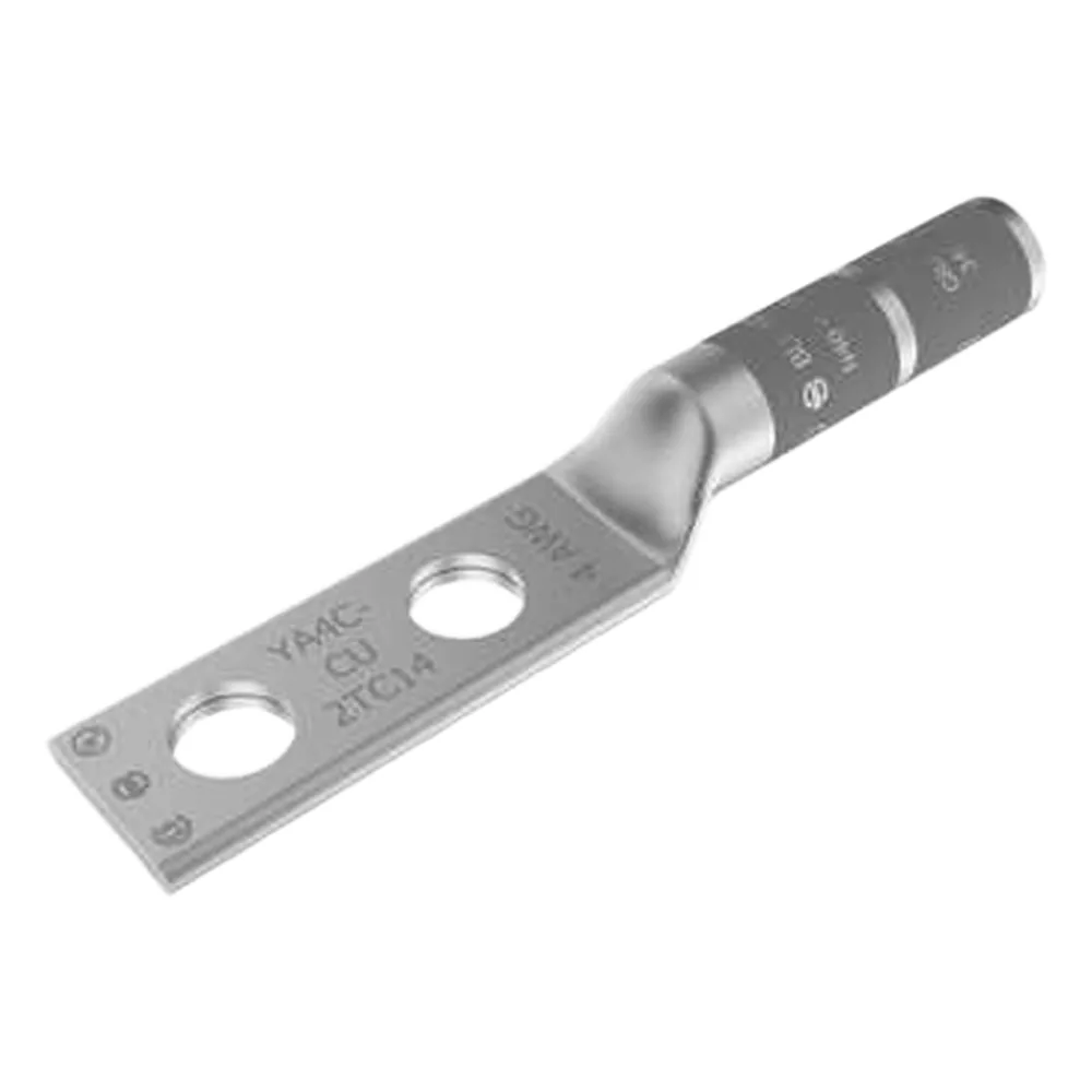 Zapata Terminal de Compresión de Barril Largo con Doble Ojillo para Tornillo 1/4" y Cable 4 AWG / Espaciado de 5/8".