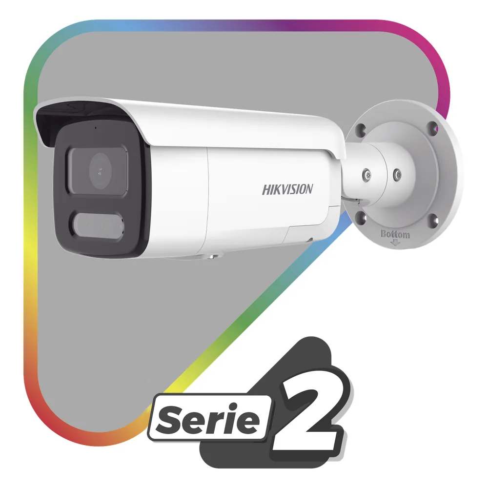 [Dual Light + ColorVu] Bala IP 4 Megapixel / Lente 4 mm / 60 mts IR + 60 mts Luz Blanca / Exterior IP67 / Luz Intermitente y Alerta de Audio / Videoanaliticos (Filtro de Falsas Alarmas) / PoE / WDR 130 dB / Captura Facial / ACUSEARCH