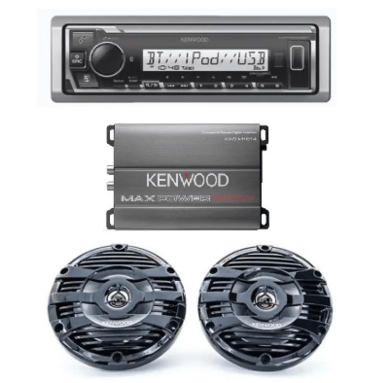 Kit de estéreo con Bluetooth KMR-M332BT | Amplificador KAC-M1814 | más Par de bocinas KFC-1653MRB