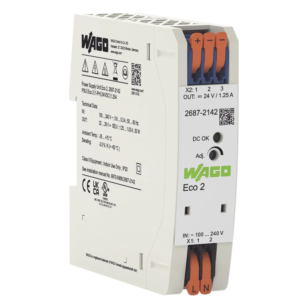 Fuente de Alimentación Eco 2 / Monofásica / 24V DC / 1.25A / 30W / Push-in CAGE CLAMP® / Carril DIN / SELV-PELV / IP20