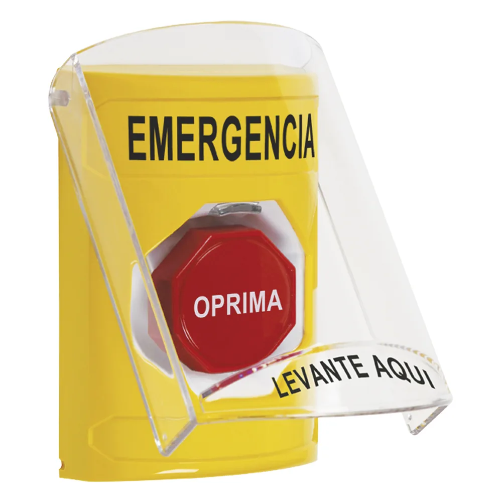 ​Botón Multipropósito, Color Amarillo, De Superficie, Con Tapa De Policarbonato, Con Bocina Pre Alarma, Solo Interior, Llave Para Restablecer, Texto De Emergencia, Español