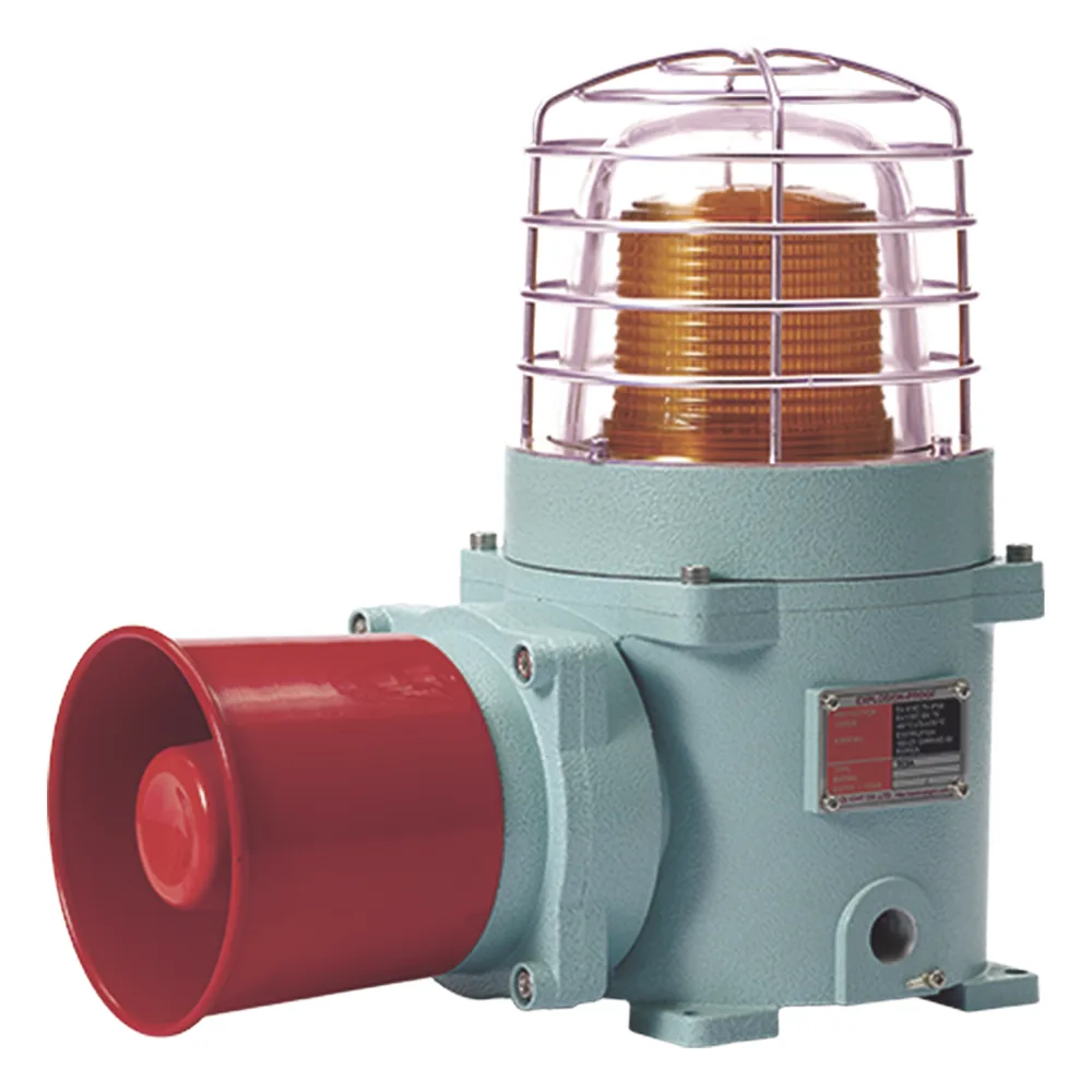 Combinación de baliza LED color Ámbar con patrón fijo y flasheante con sirena electrónica, volumen máx. 120 dB para zonas peligrosas a 24 VCD