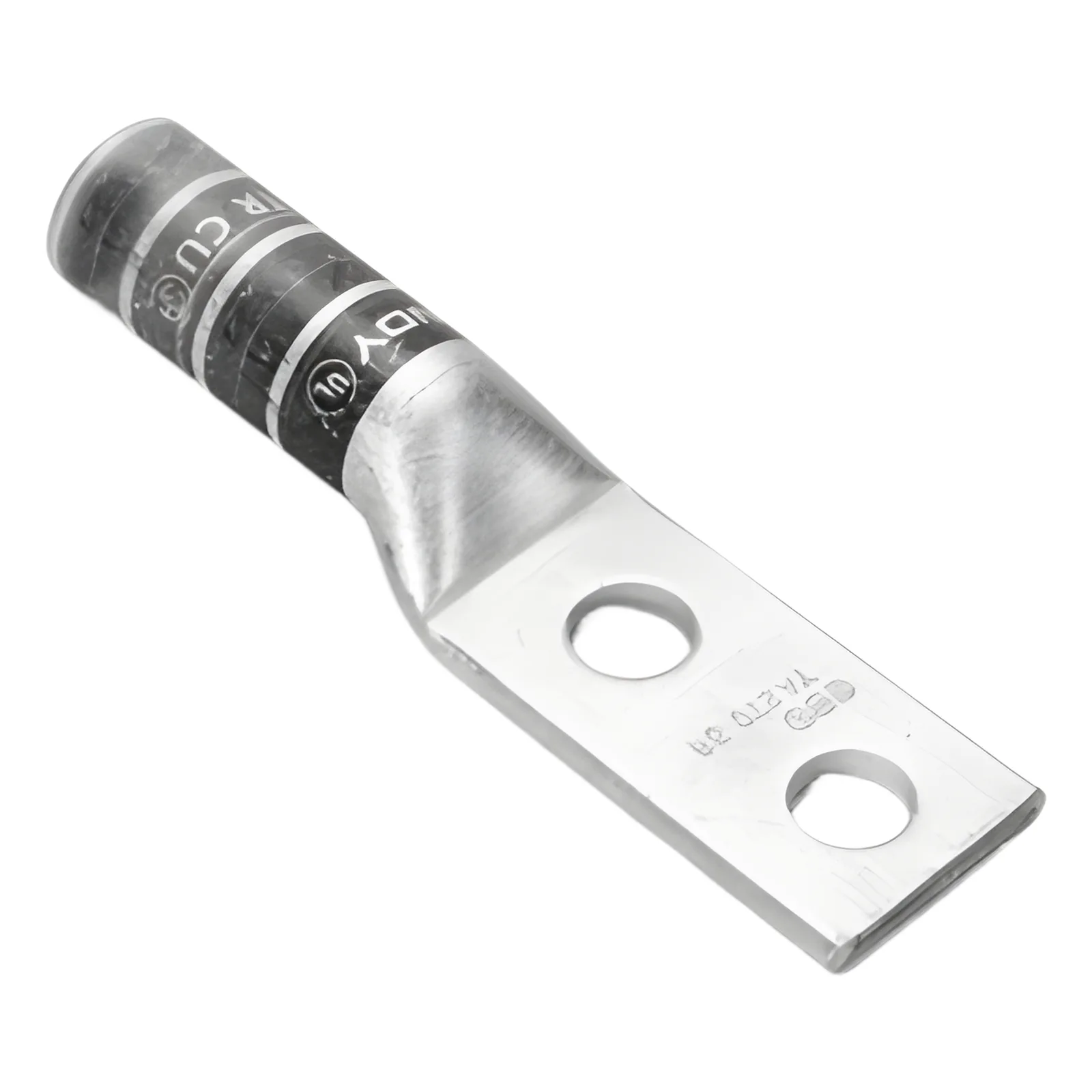 Zapata Terminal de Compresión de Barril Largo con Doble Ojillo para Tornillo 1/4" y Cable 6 AWG / Espaciado de 5/8".