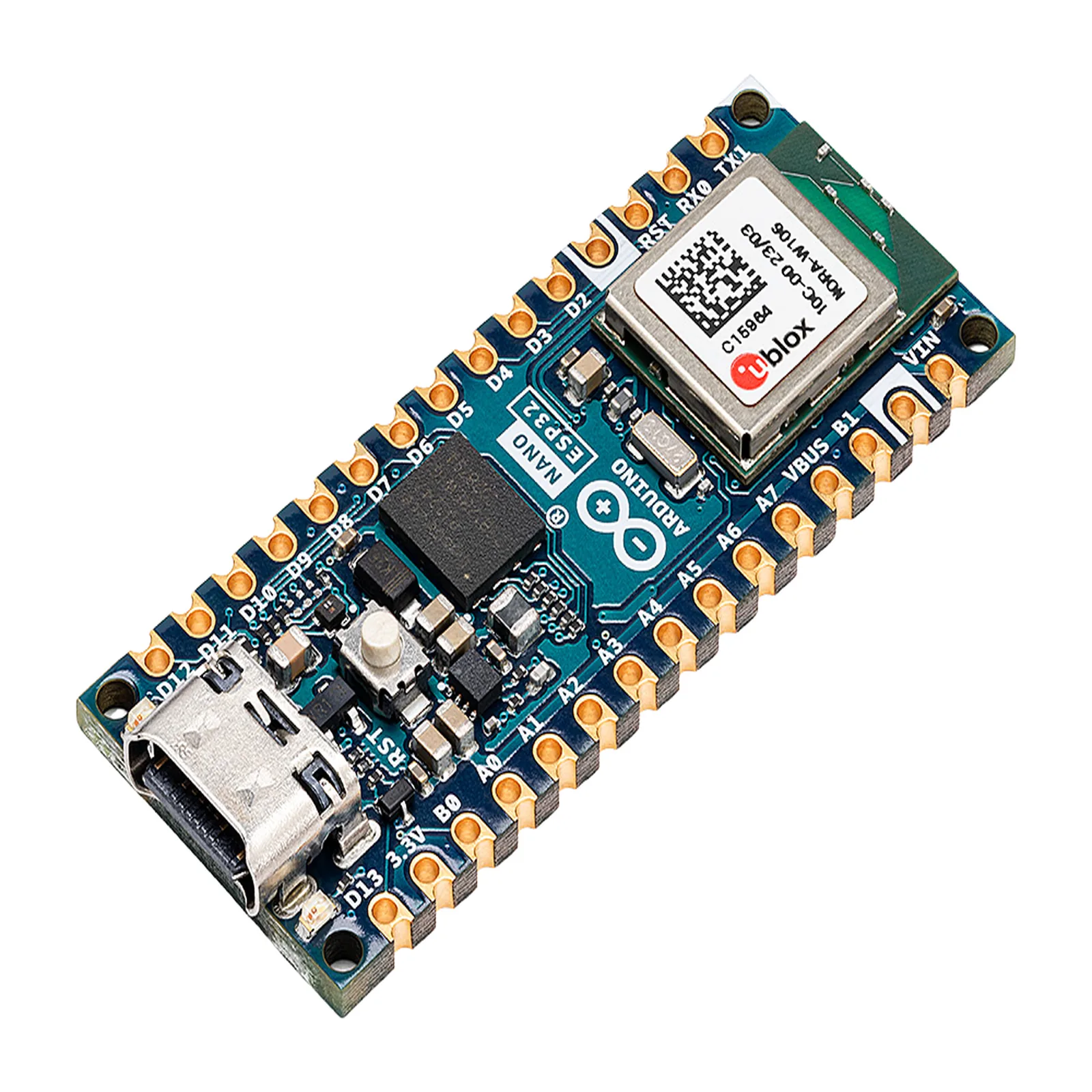 Placa Desarrollo Arduino Nano ESP32 / Microcontrolador ESP32-S3 Dual-Core 240 MHz / Wi-Fi 4 802.11 b/g/n + Bluetooth LE 5.0 / 16 MB Flash Externa + 8 MB PSRAM / Compatibilidad Arduino Cloud + MicroPython / USB-C + Conectividad IoT
