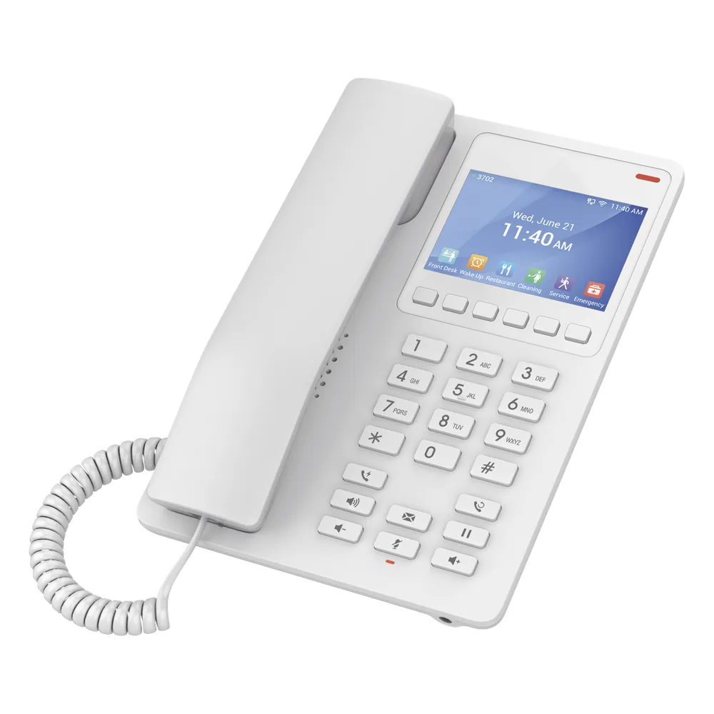 Teléfono IP WiFi Hotelero con pantalla LCD a color, 2 líneas SIP con 2 cuentas, codec Opus, IPV4/IPV6, color blanco, con gestión en la nube GDMS