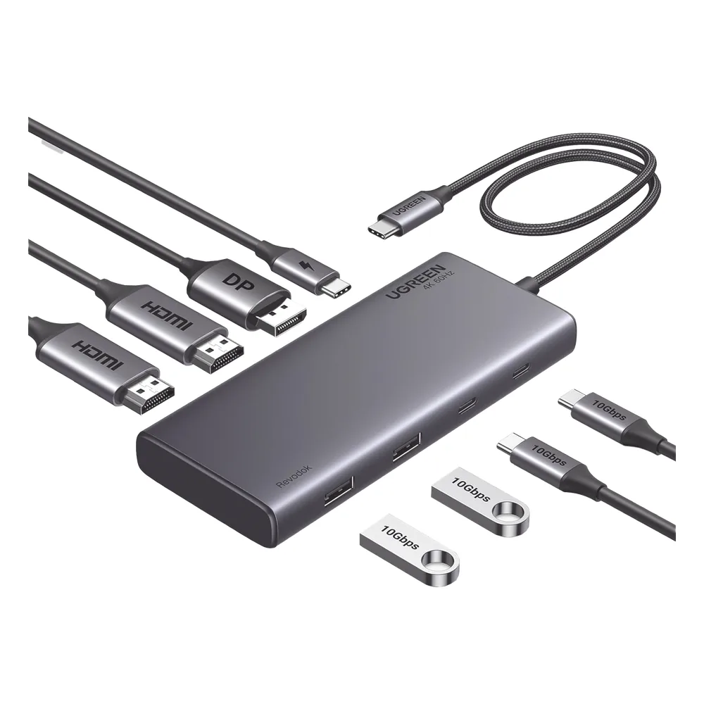 HUB USB-C (Docking Revodok 308) 8 en 1 | 2 Puertos HDMI 4K@60Hz | 1 Puerto DisplayPort 4K@60Hz 2 USB-A 10Gbps) | 2 USB-C (10Gbps) | USB-C PD Carga 100W | Chip de Ultima Generacion | Carcasa de Aluminio.
