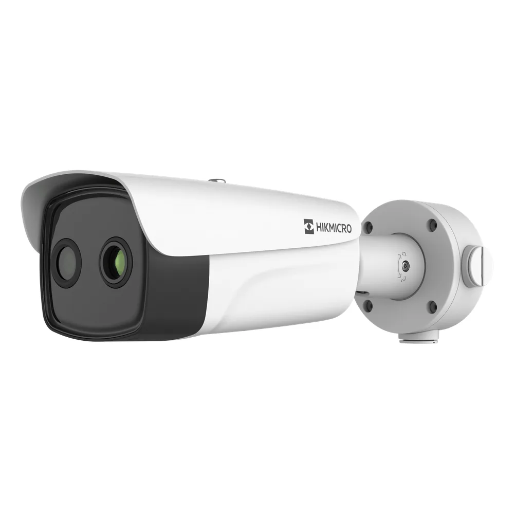 (HIKMICRO) Bala IP Bi-Espectral / Térmico (384 × 288 / 15.4 mm) / Rango: -20°C a 150°C / ± 8°C Margen / Detección de Temperatura y Humo / VCA 3.0 / PoE+ / Exterior IP67 / IK10 / Anticorrosión (NEMA 4X)
