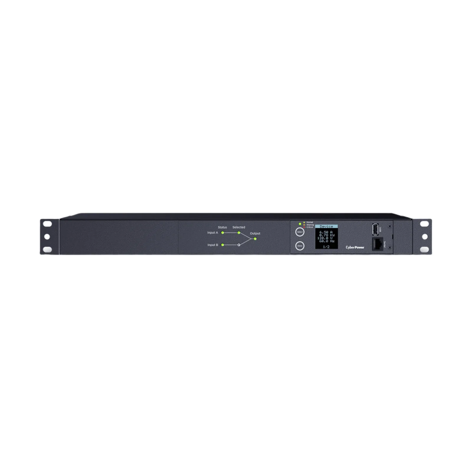 PDU ATS (Fuente Redundante Auto-transferible) Medible, Para Distribución de Energía, 2 Entradas 120 Vca NEMA5-15P, Con 10 Salidas NEMA 5-15R, Horizontal 19in, 1UR