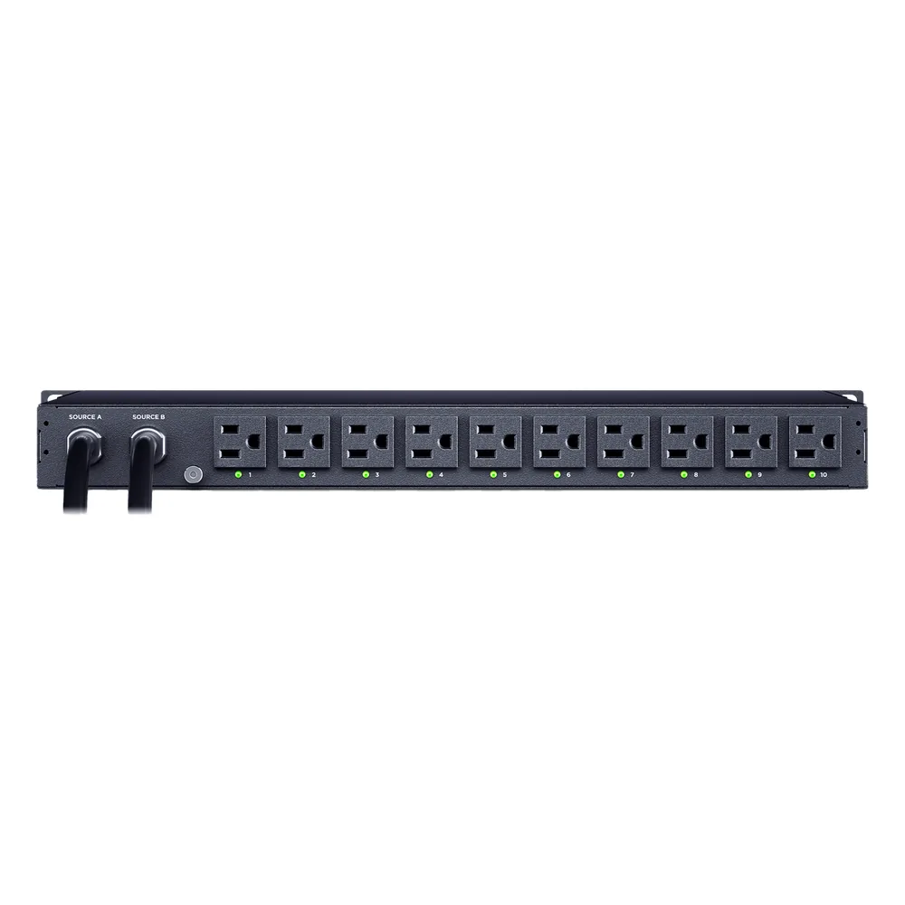 PDU ATS (Fuente Redundante Auto-transferible) Monitoreable, Para Distribución de Energía, 2 Entradas 120 Vca NEMA5-15P, Con 10 Salidas NEMA 5-15R, Horizontal 19in, 1UR