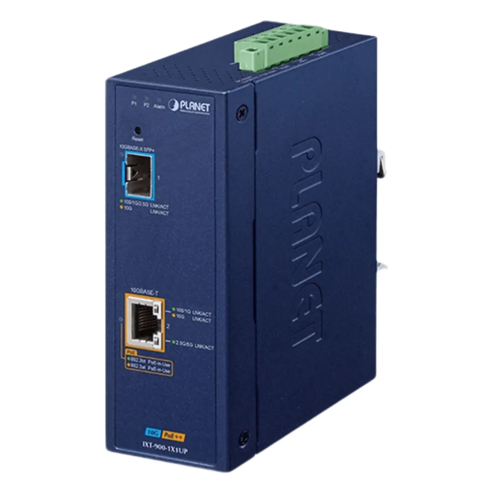 Convertidor de Medios PoE Industrial / Puertos 10G SFP+ y 10GBASE-T / PoE++ 802.3bt 95W / -40 a 75°C Operación / VLAN, ERPS, QoS /Cuenta con Doble Entrada para Fuente de Alimentación 12~54V
