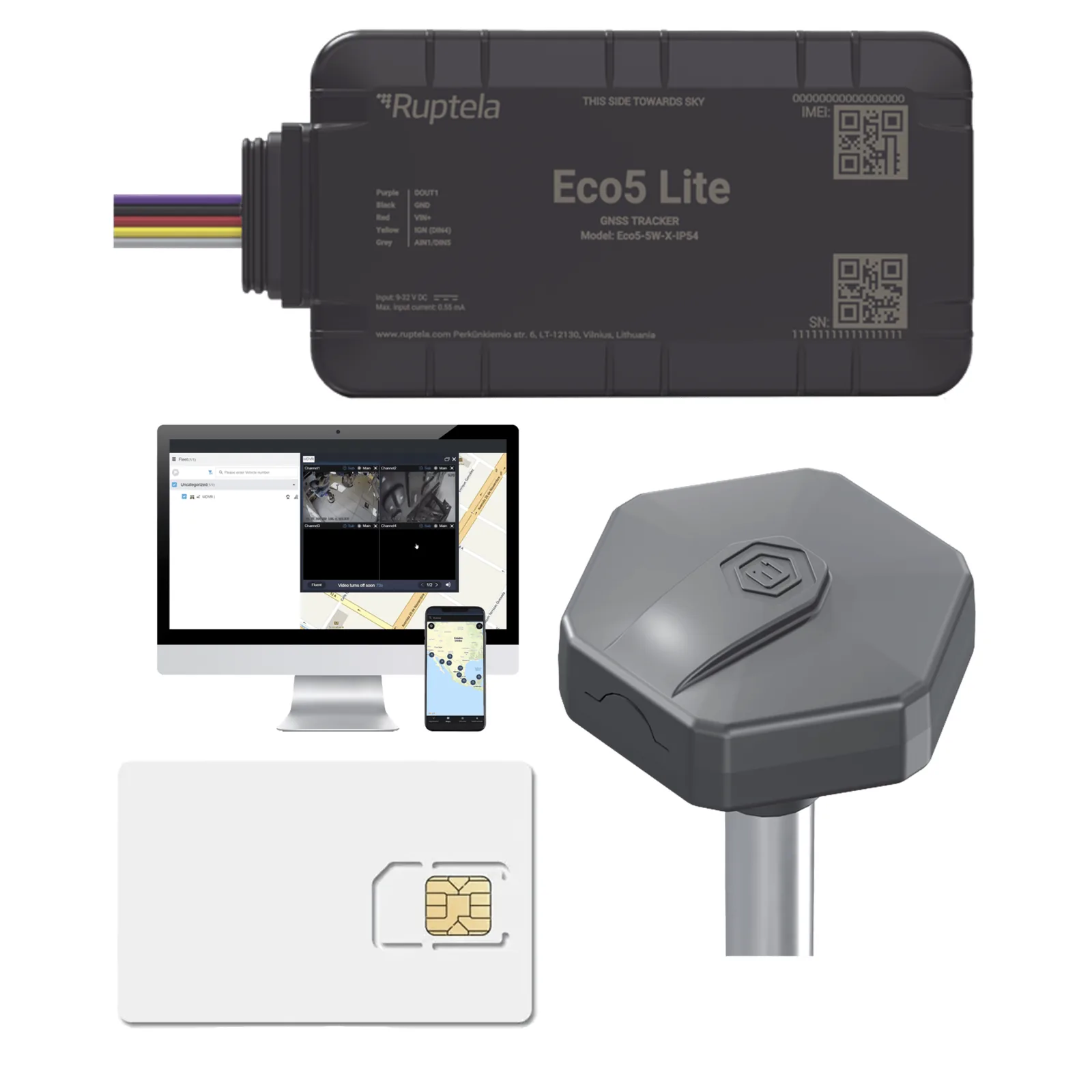 Rastreador Vehicular y Monitoreo de Flota / BLE 5.0 y GNSS / LTE CAT1 y LTE-M con Respaldo 2G / GNSS U-blox / MiKado IP54 / -20 °C a +40 °C / Acelerómetro de 3 Ejes / Suministro 9-32 V / Batería Interna