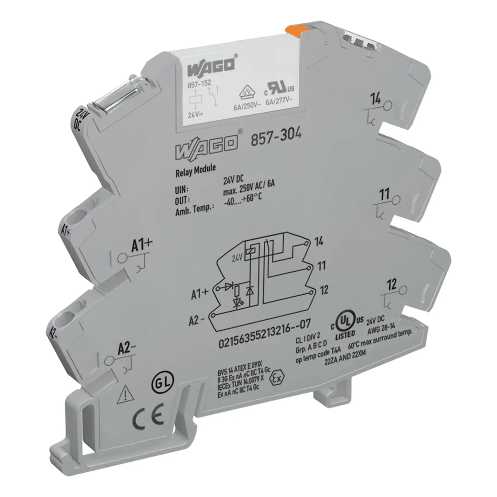 Módulo con Relé / 24 VCC / 1 Inversor / 6 A Corriente Permanente / Push-in CAGE CLAMP® / IP20 / Aislamiento Reforzado / LED Indicador Amarillo