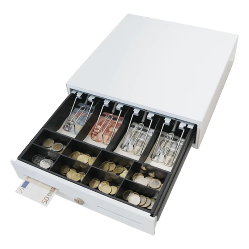 Cajón para Efectivo / Serie MK / Compacto 330 mm / 4 Billetes + 8 Monedas / Apertura RJ12 / Clips Metálicos / Punto de Venta
