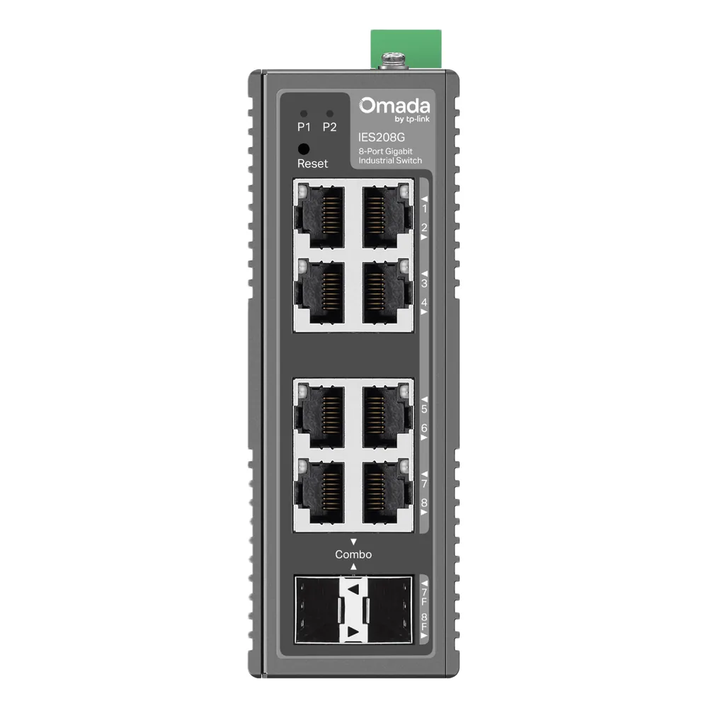Switch Industrial Omada Easy Managed / 8 Puertos Gigabit (6× RJ45 + 2× RJ45/SFP Combo) / 16 Gbps Switching / -40°C a 75°C / Protección Rayos 6kV / Gestión Cloud / Montaje DIN Rail o Pared / IP40